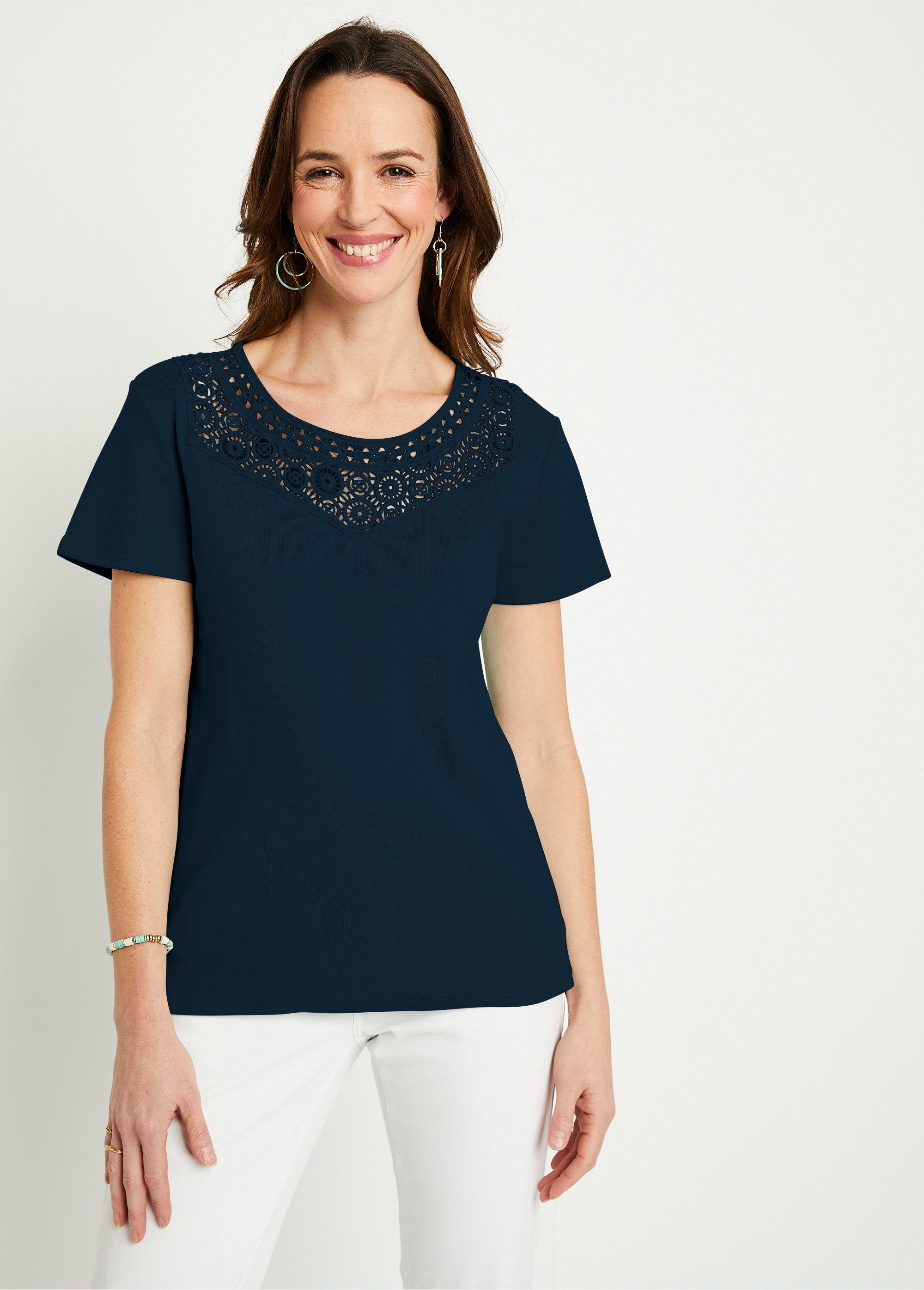 T-shirt_macramé_coton_uni_manches_courtes_Marine_FA1_slim