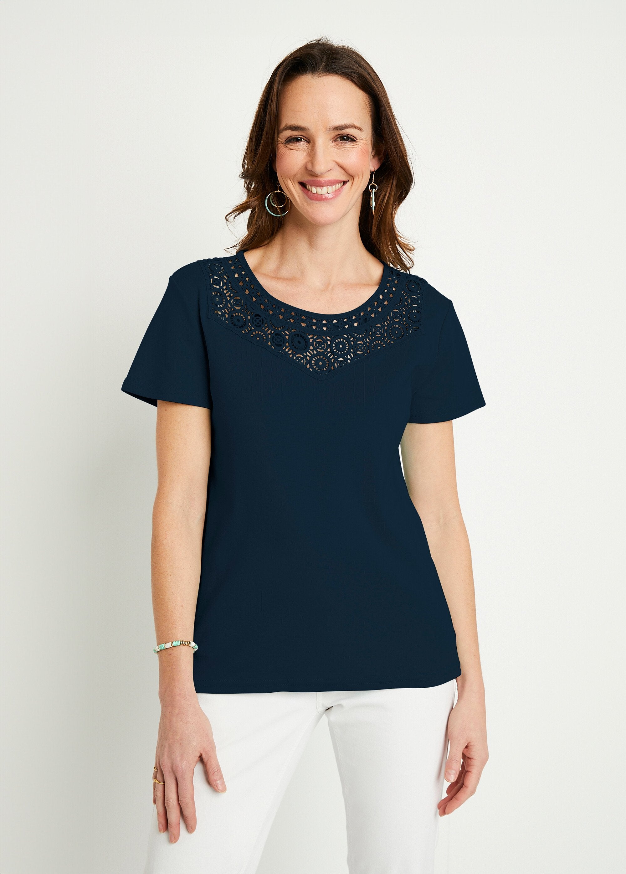 T-shirt_macramé_coton_uni_manches_courtes_Marine_FA1_slim