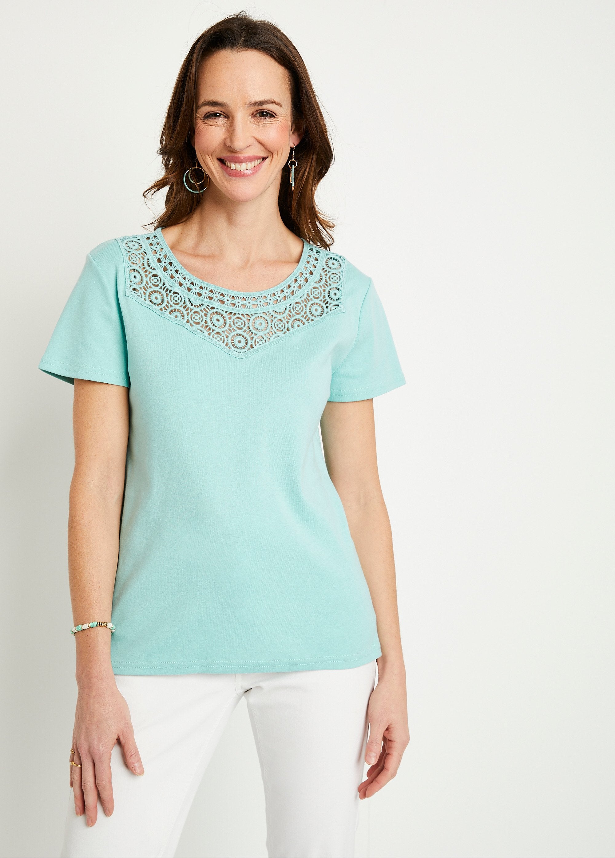 Effen_katoenen_macramé_T-shirt,_korte_mouwen_Aqua_FA1_slim