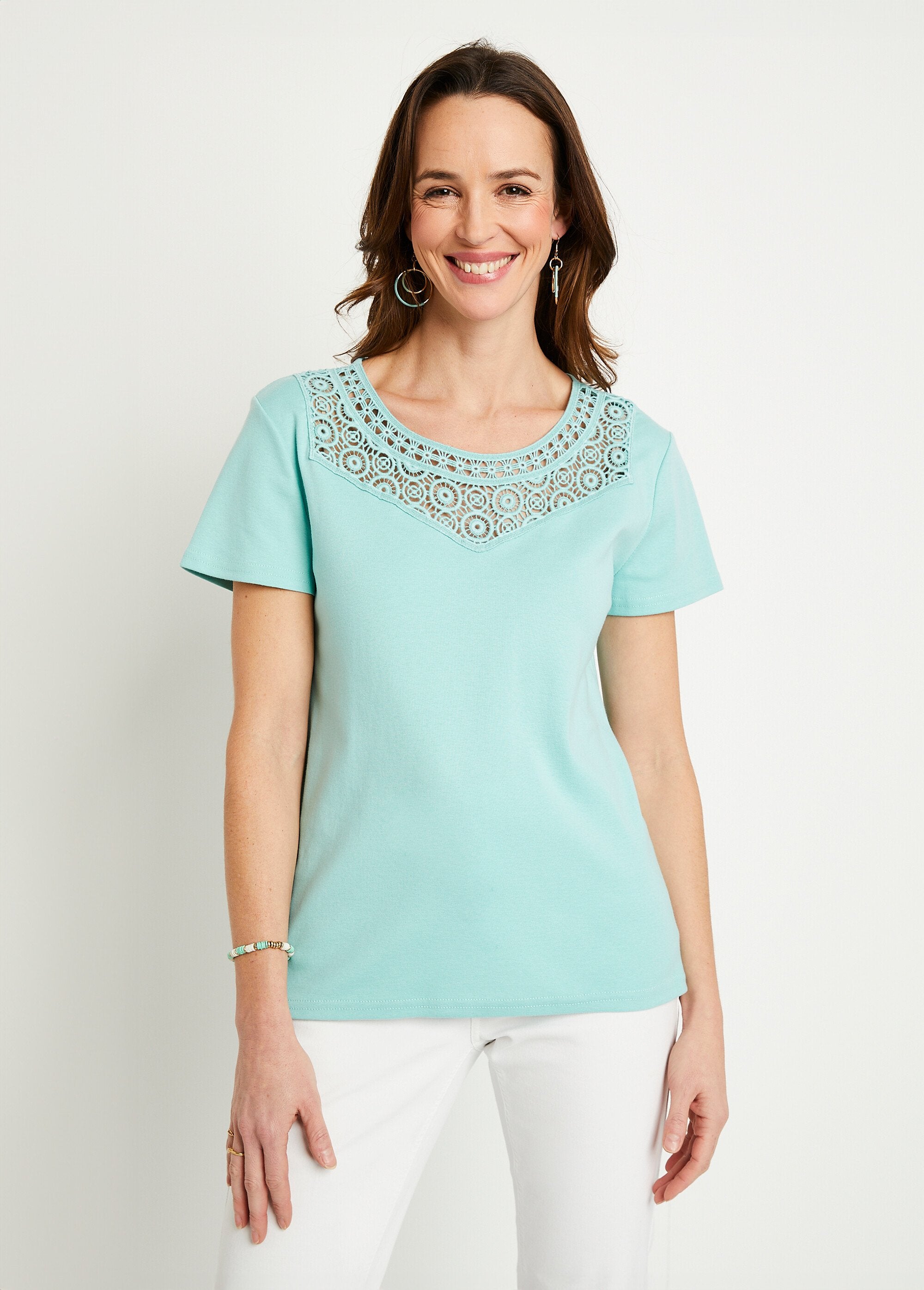 T-shirt_macramé_coton_uni_manches_courtes_Aqua_FA1_slim