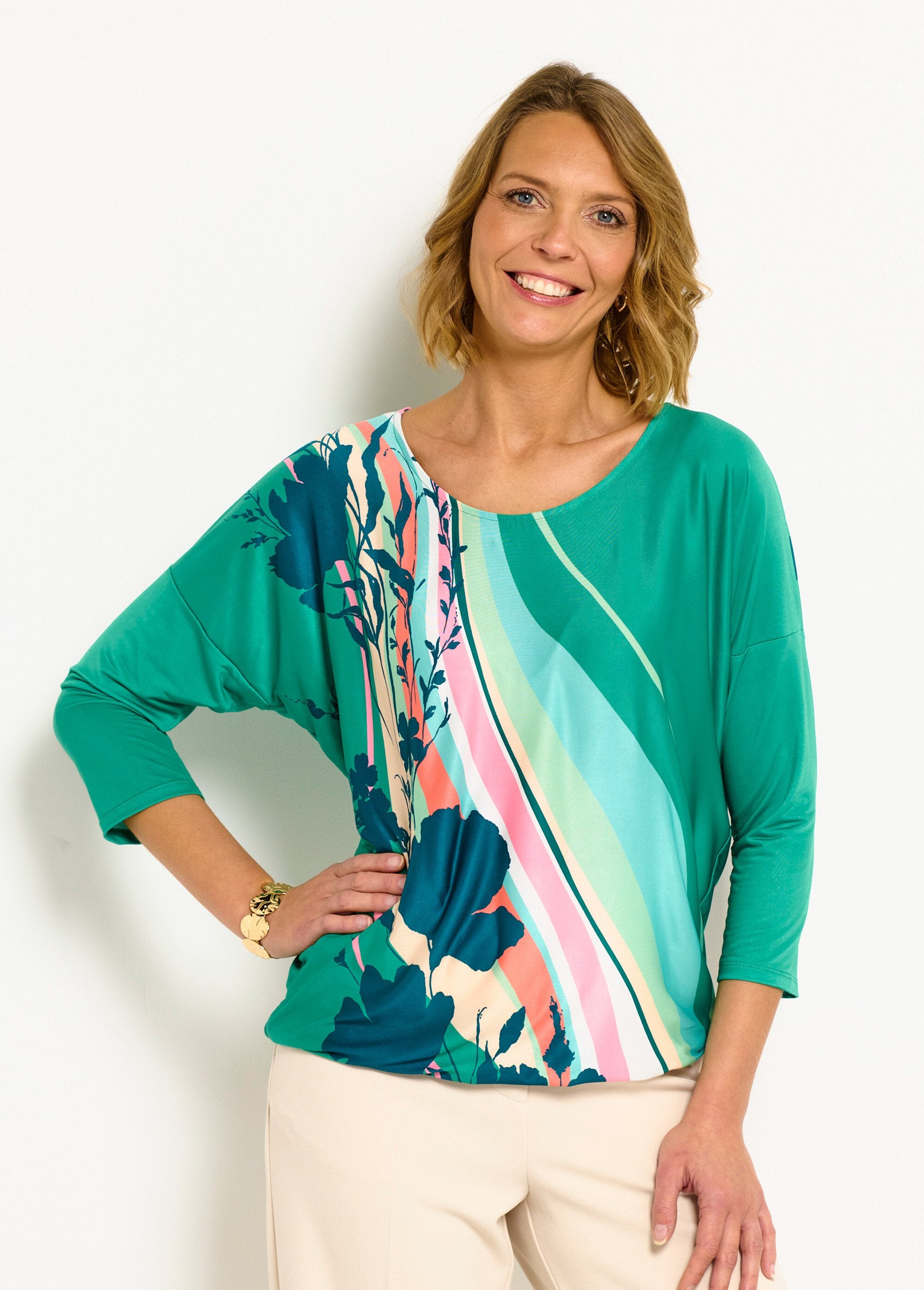 T-shirt_met_3/4-mouwen_en_patroon_Vert_et_rose_FA1_slim