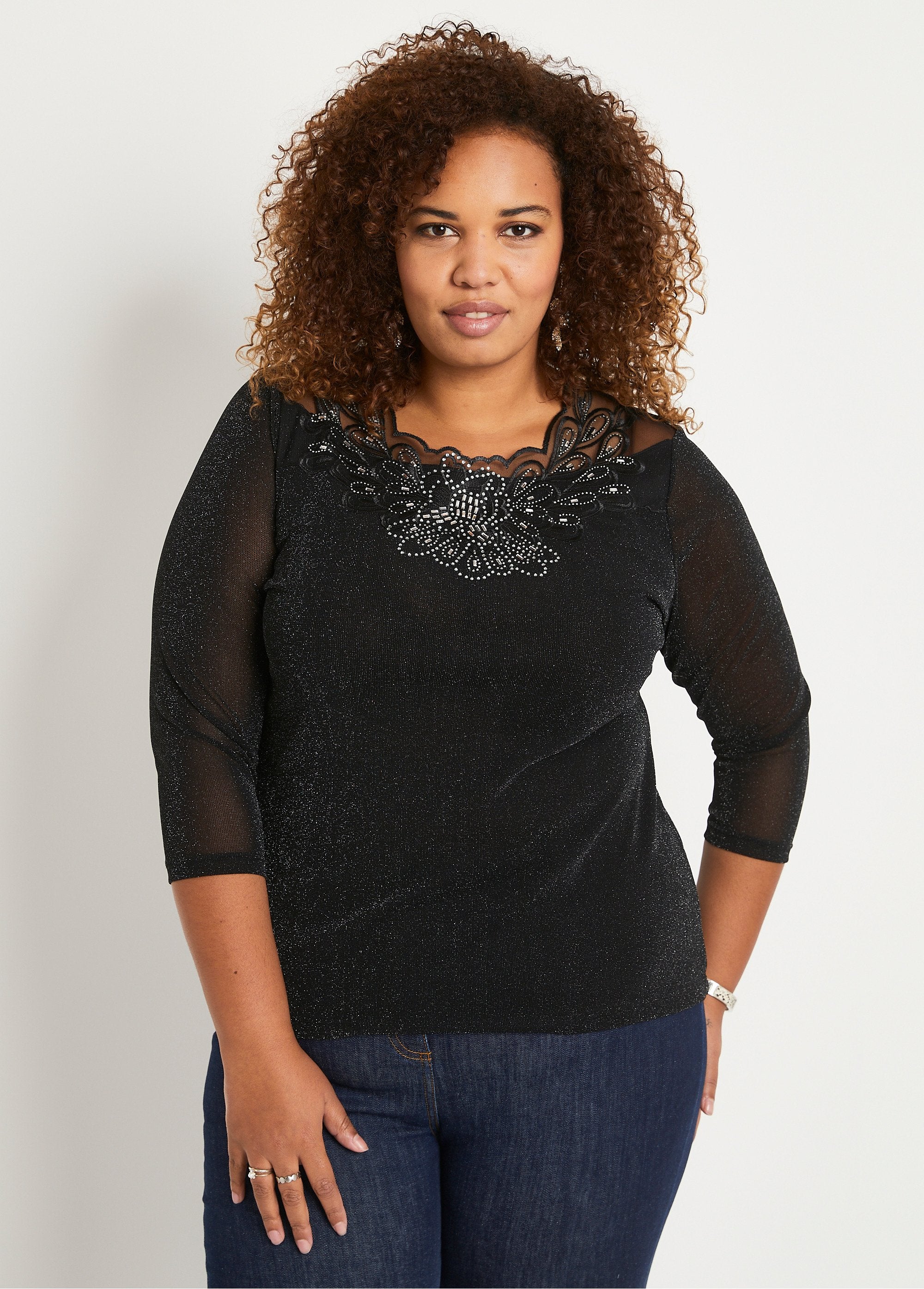 T-shirt_manches_3/4_brodé_brillant_Noir_FA1_curvy