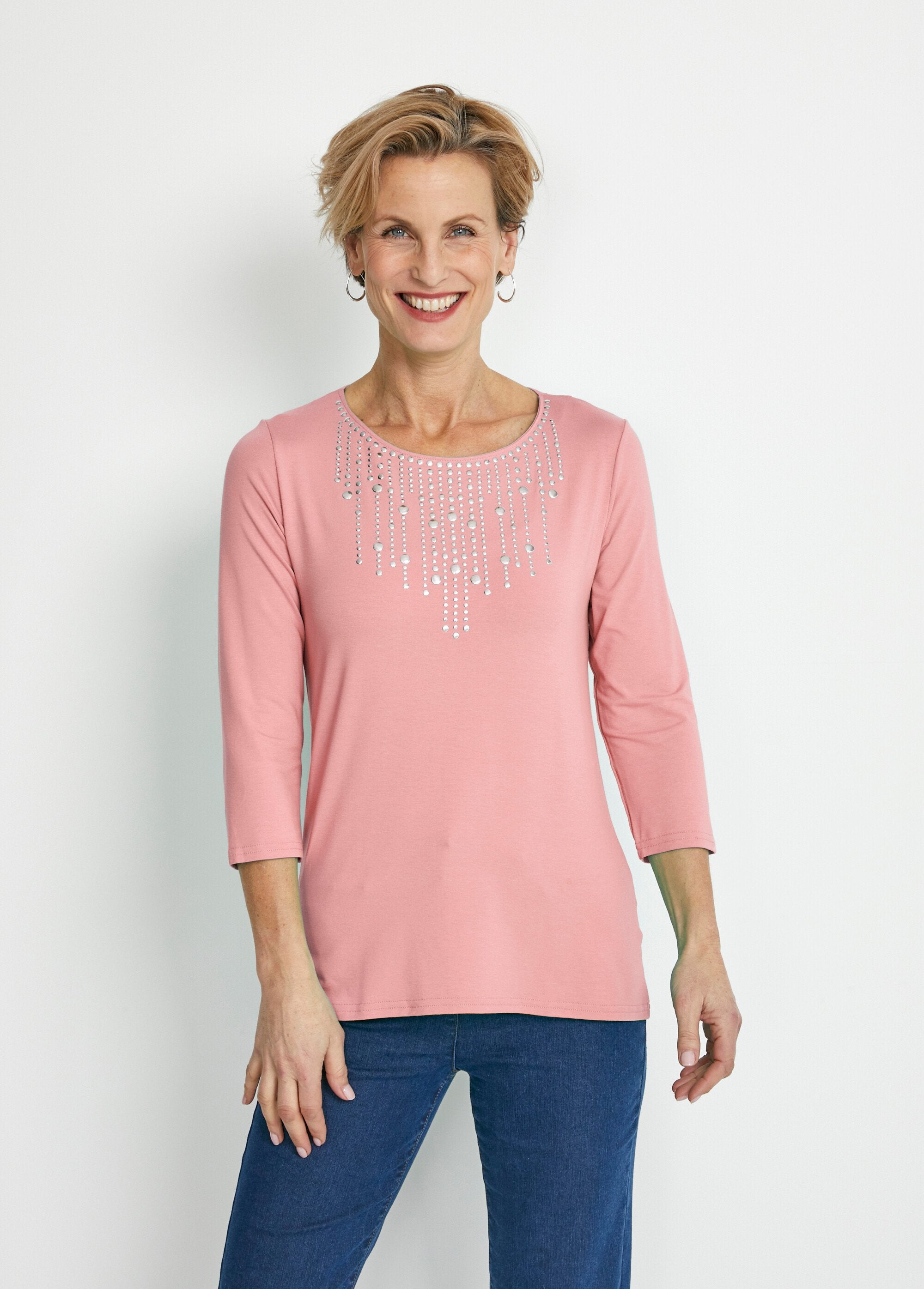 T-shirt_met_studs_en_3/4_mouwen_ROZE_FA1_slim