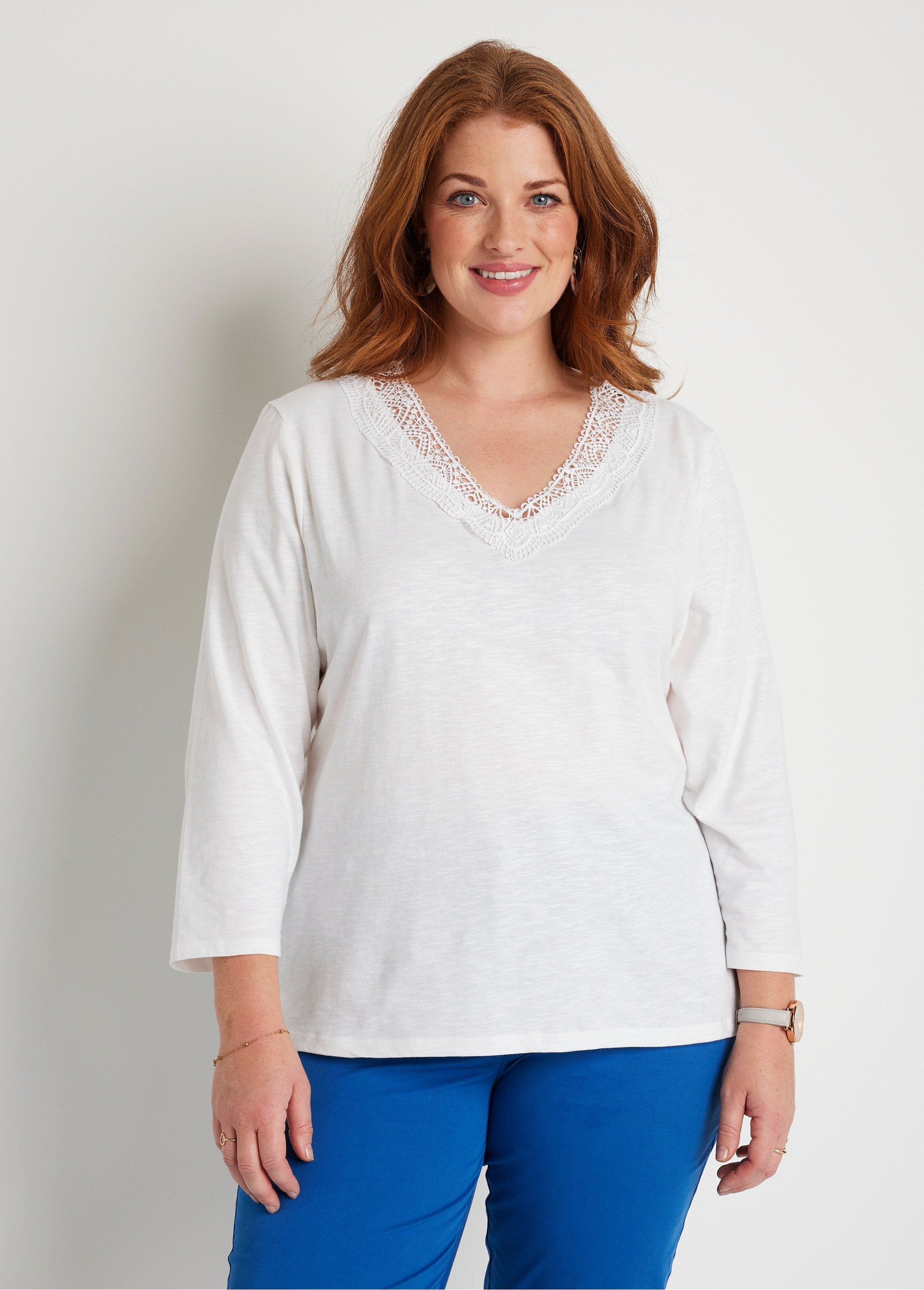 T-shirt_manches_3/4_coton_et_macramé_Blanc_FA1_curvy