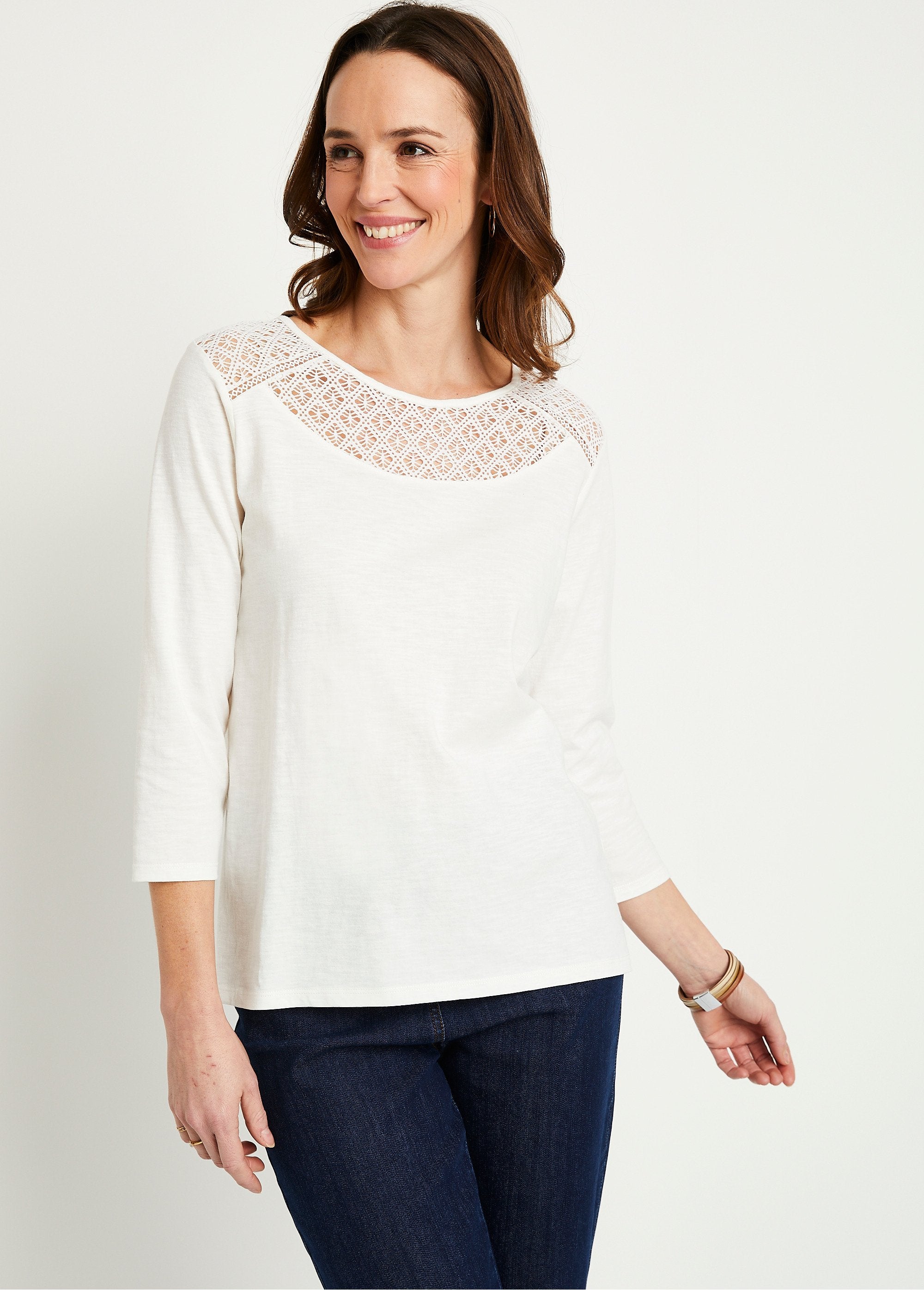 T-shirt_coton_et_dentelle_manches_3/4_Blanc_FA1_slim