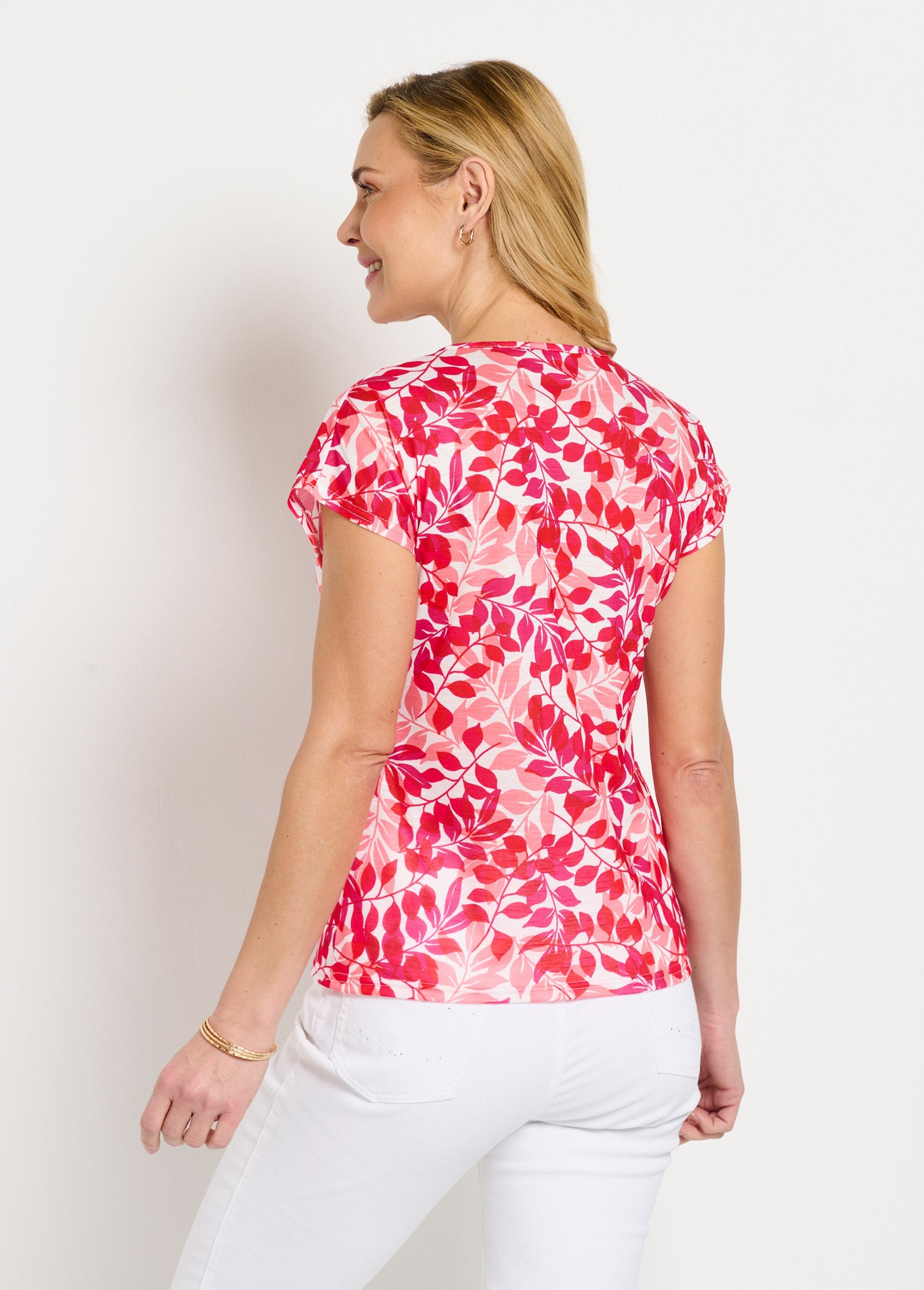 T-shirt_manches_courtes_imprimé_feuillage_col_rond_Rouge_et_rose_DO1_slim