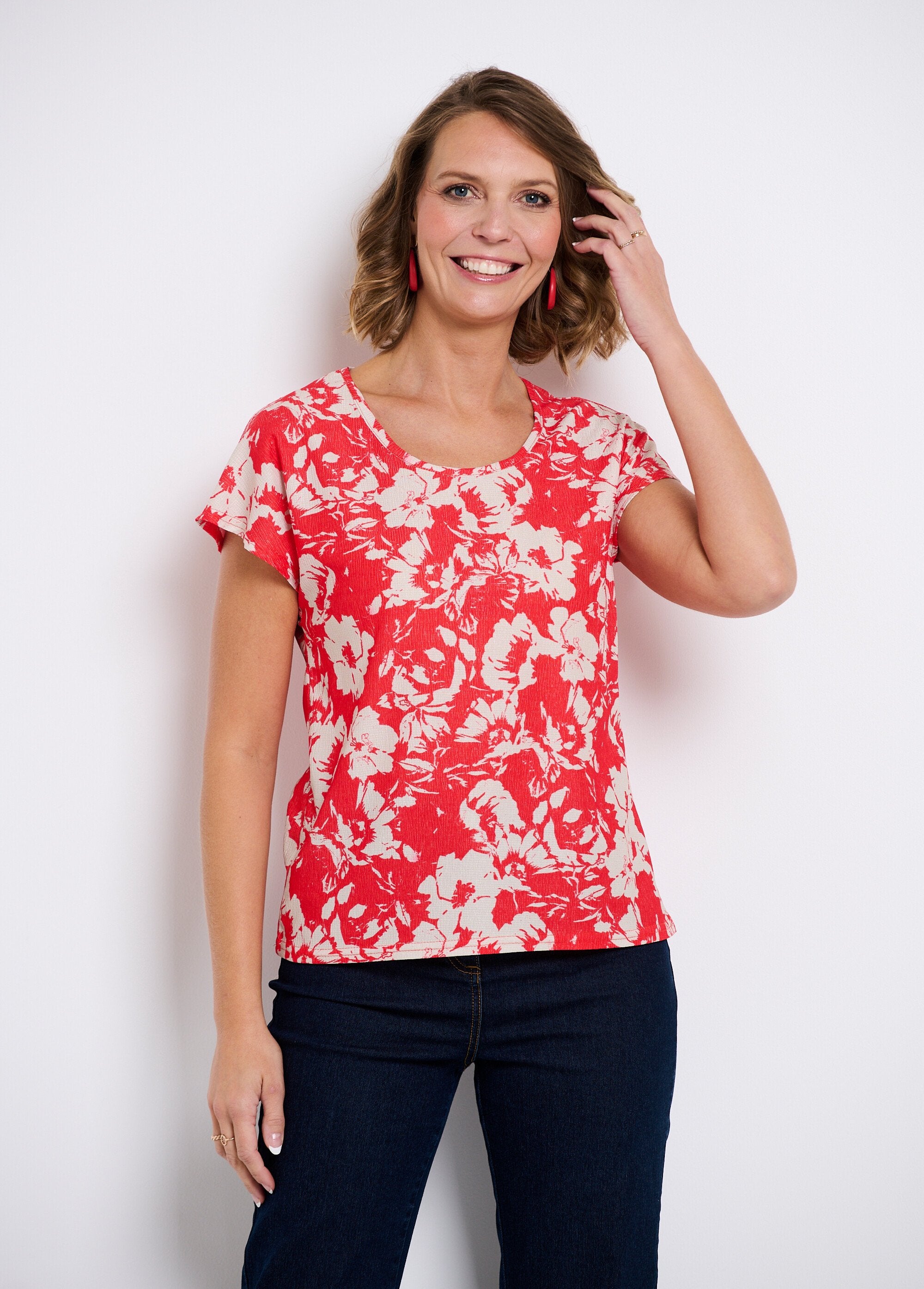 T-shirt_manches_courtes_uni_ou_imprimé_fleurs_Rouge_et_beige_FA2_slim