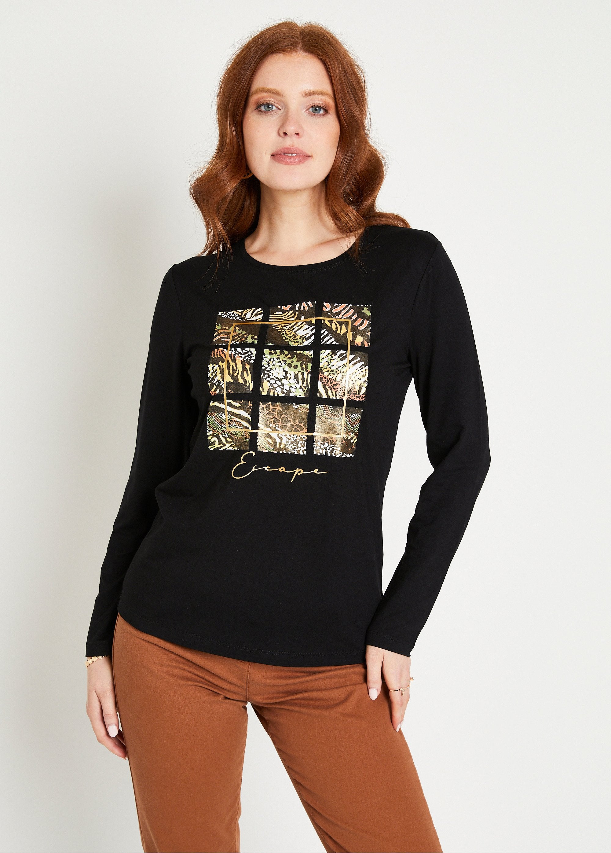 T-shirt_de_manga_comprida_lisa_Noir_et_beige_FA1_slim