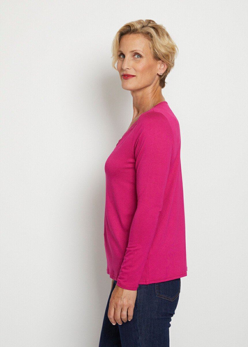 T-shirt_court_dentelle_col_V_manches_longues_Fuchsia_DR1_slim