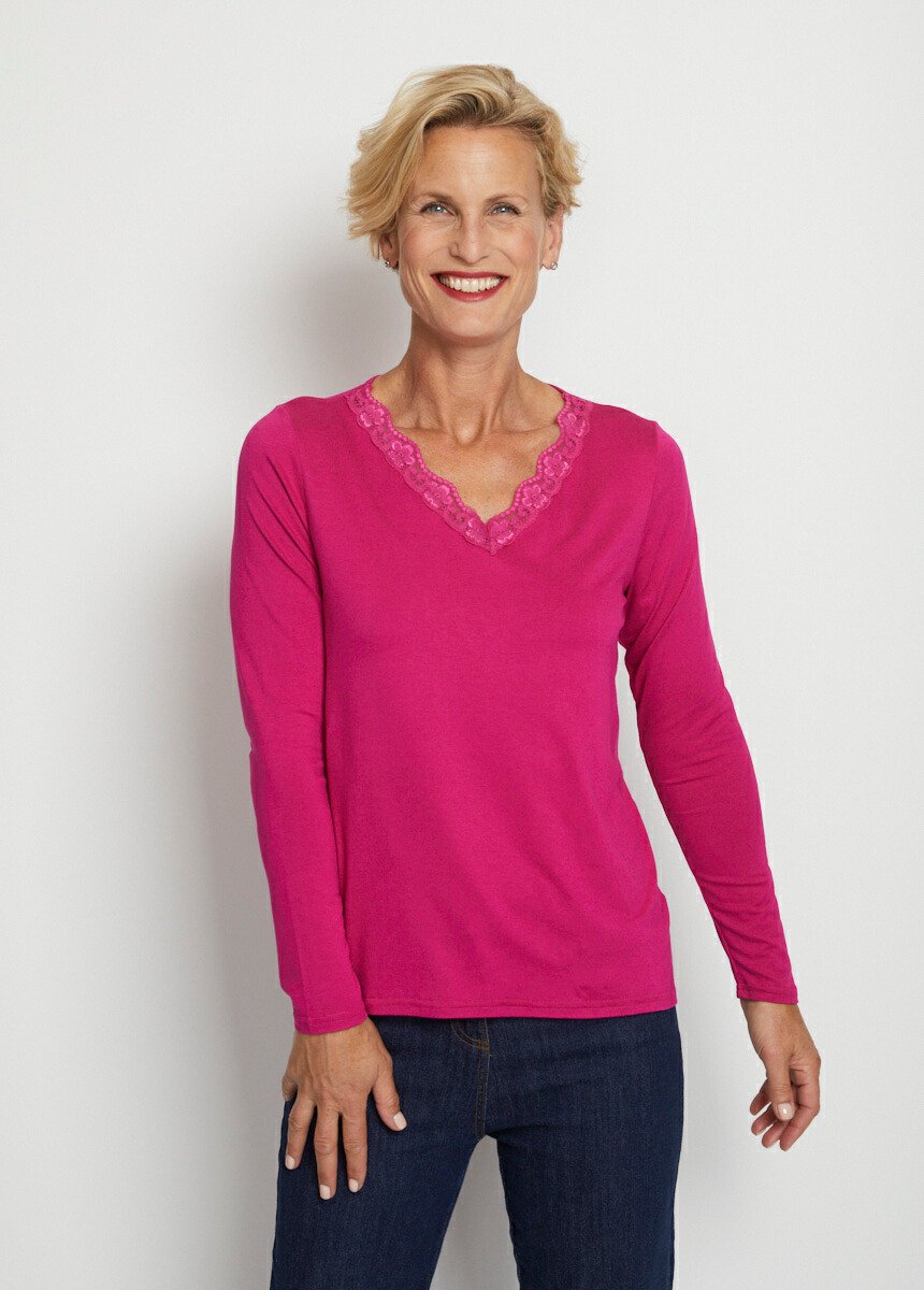 T-shirt_court_dentelle_col_V_manches_longues_Fuchsia_FA1_slim