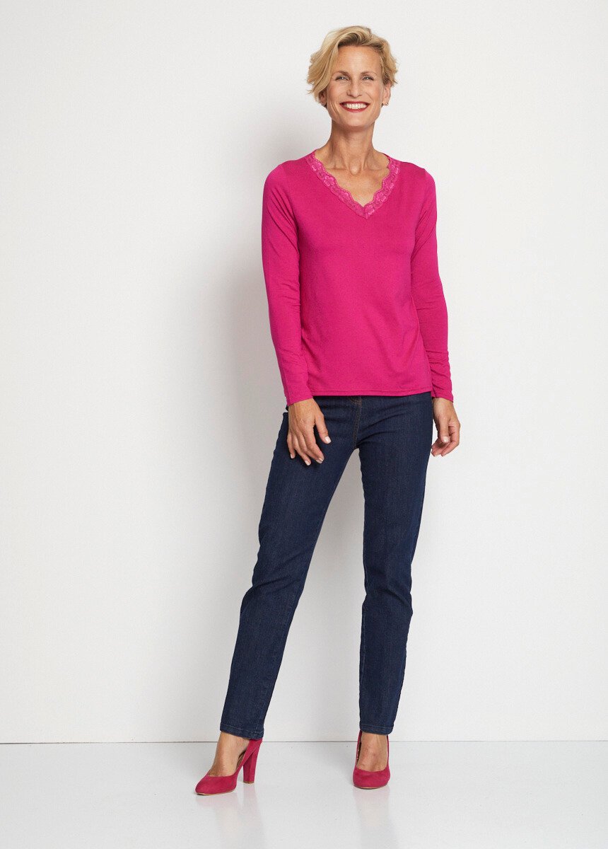 T-shirt_court_dentelle_col_V_manches_longues_Fuchsia_SF1_slim