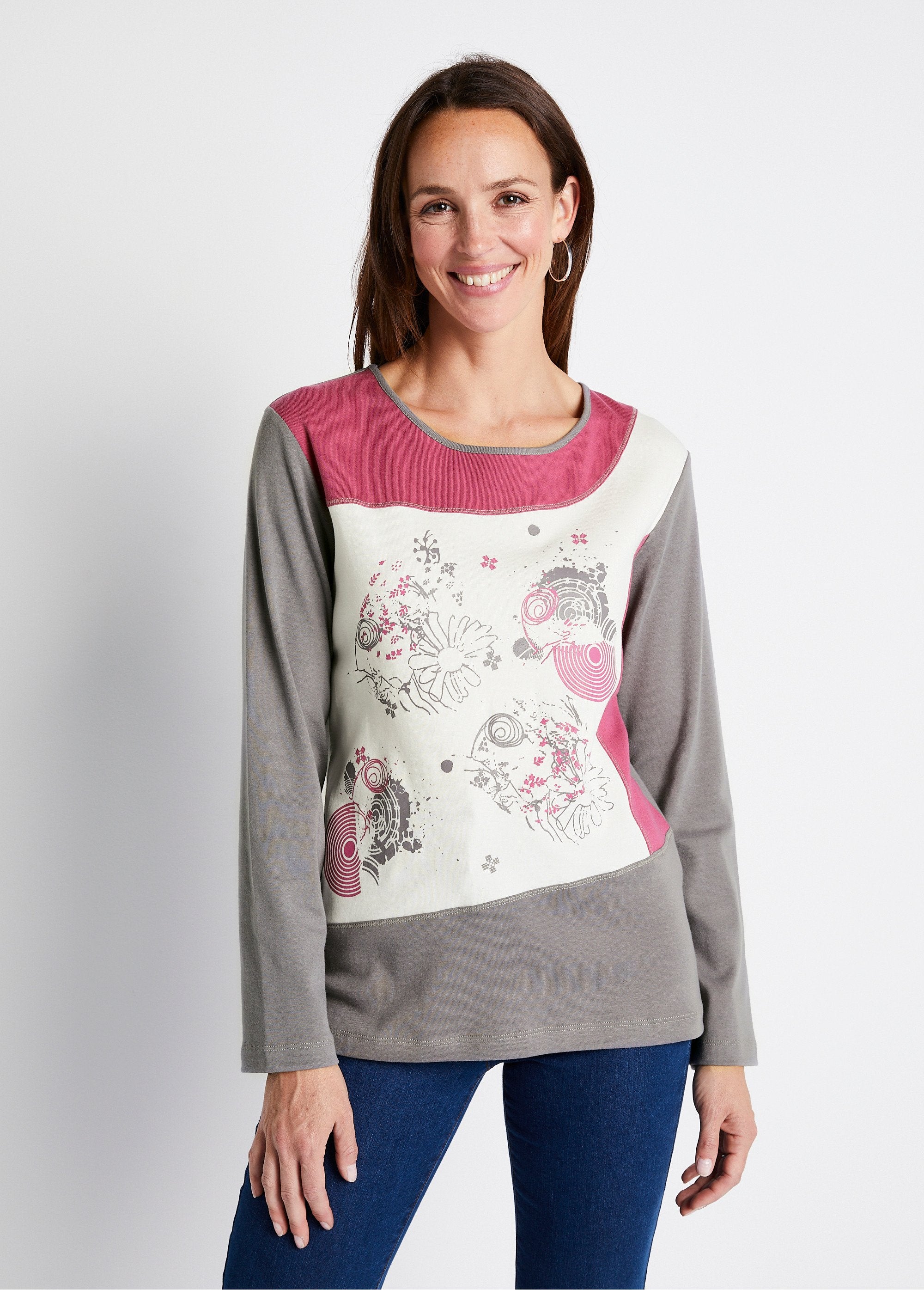 Tee-shirt_droit_à_motifs_coton_extensible_Ecru_et_prune_FA1_slim