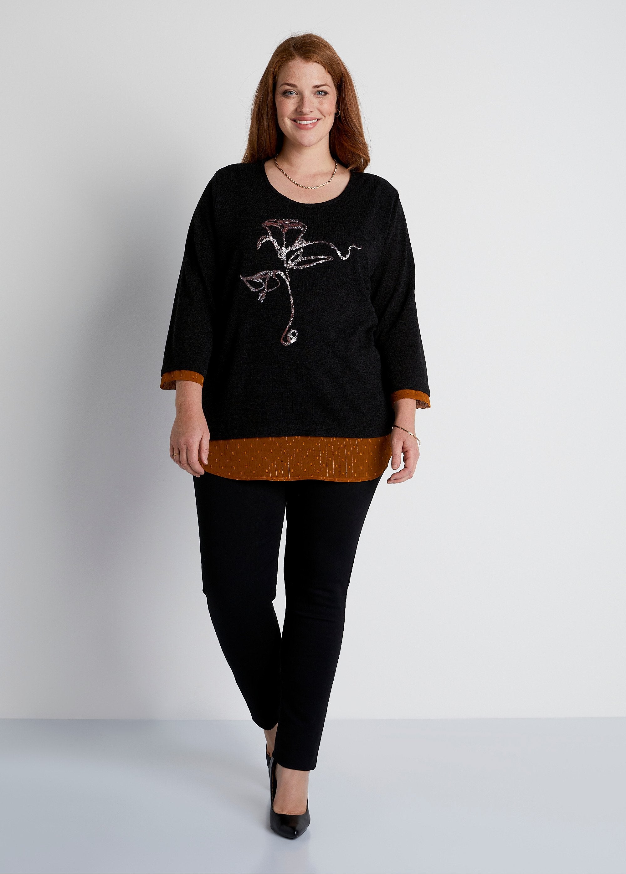 Tee-shirt_effet_2_en_1_manches_3/4_Noir_et_caramel_SF1_curvy