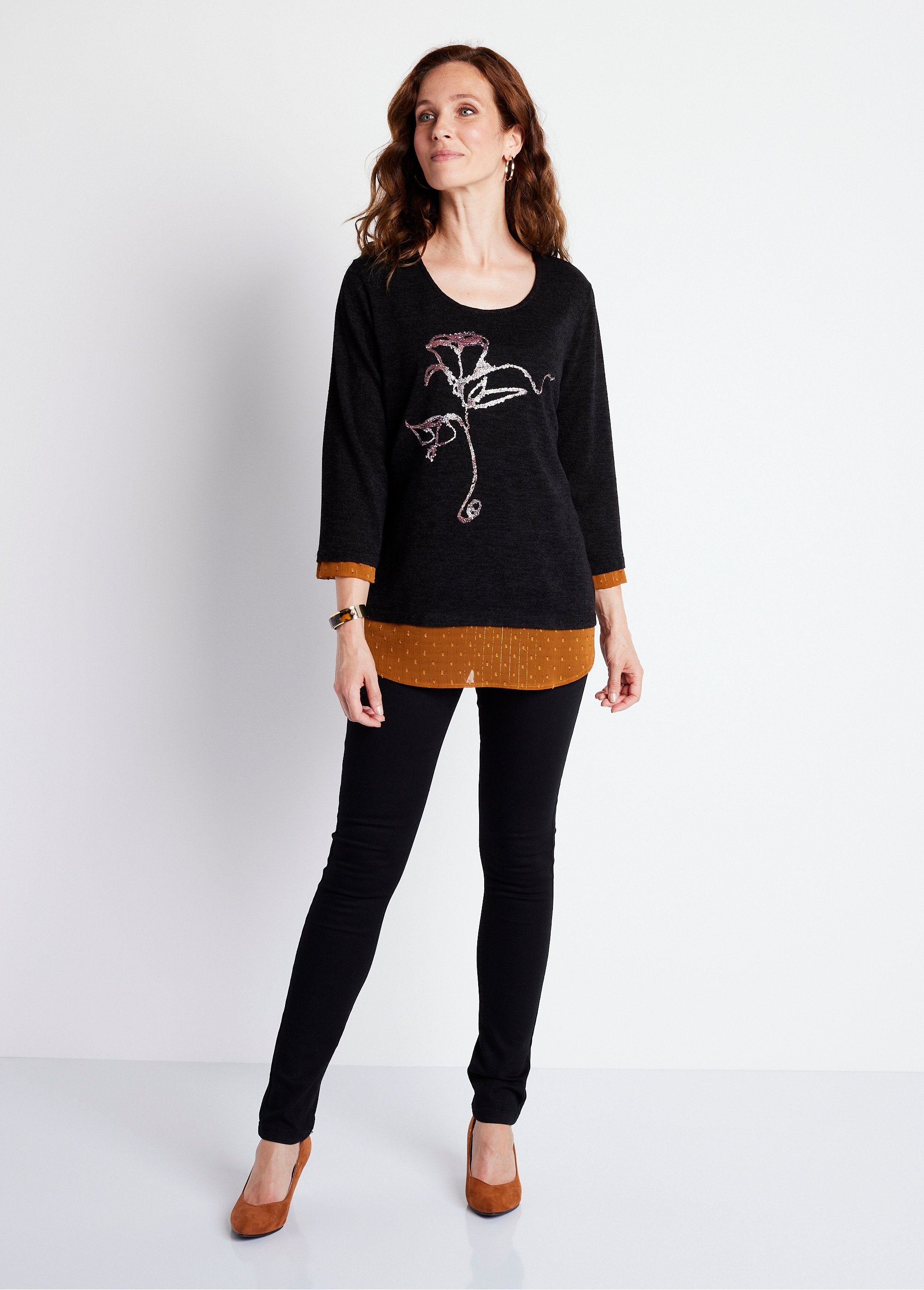 Tee-shirt_effet_2_en_1_manches_3/4_Noir_et_caramel_SF1_slim