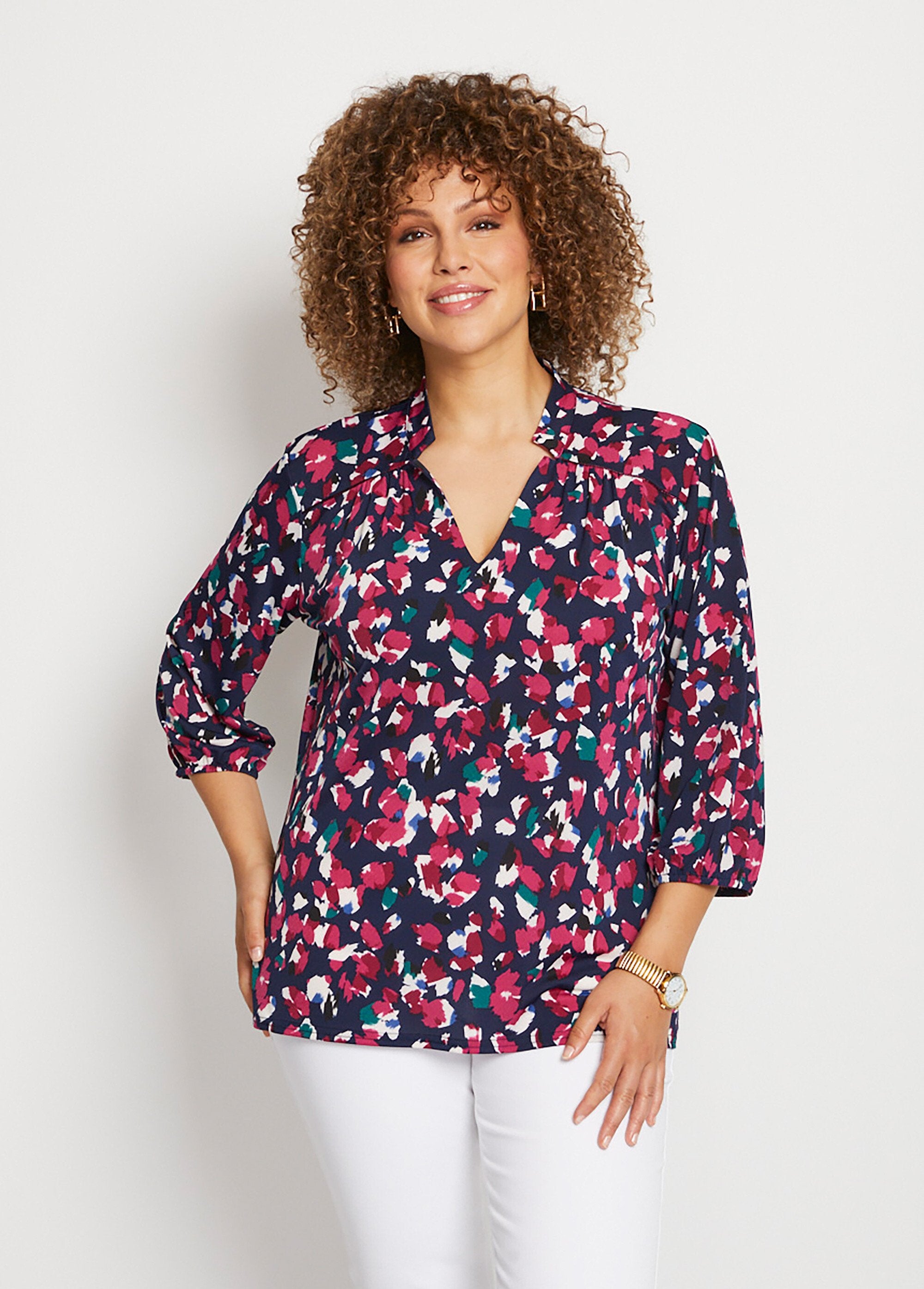 Tee-shirt_évasé_court_manches_3/4_Imprime_fuchsia_FA1_curvy