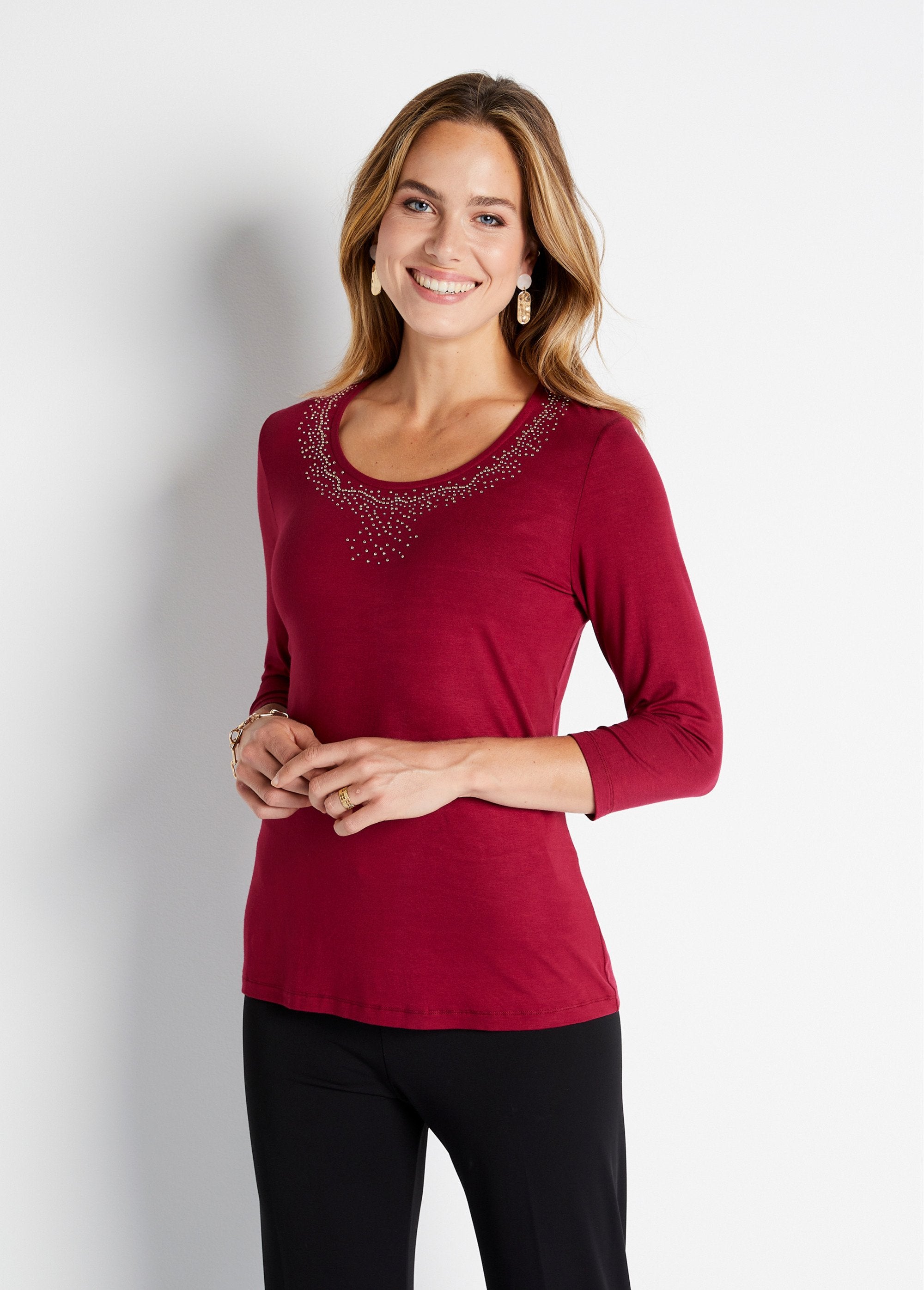 Tee-shirt_fluide_avec_strass_manches_3/4_Bordeaux_FA1_slim