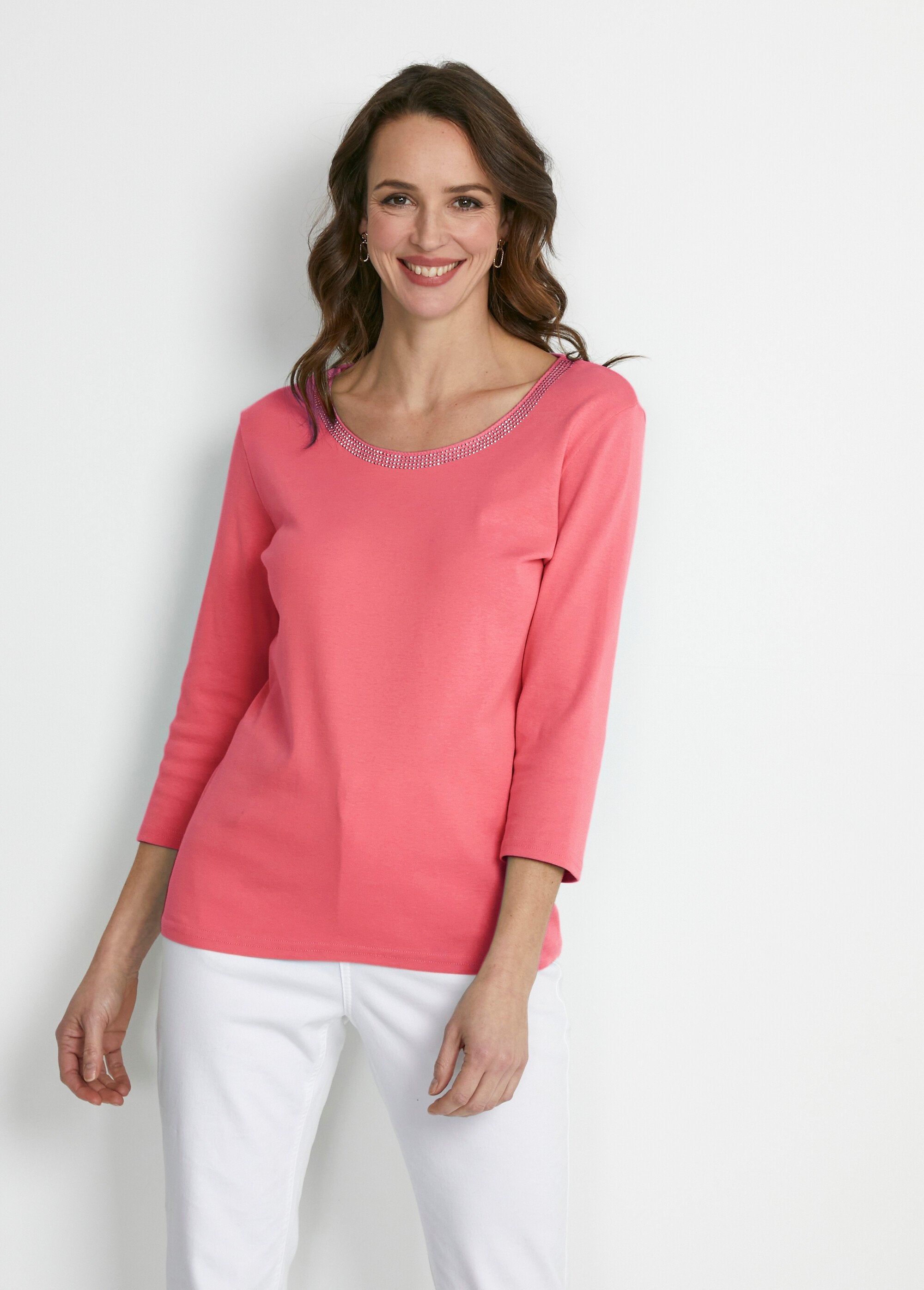 Tee-shirt_manches_3/4_fantaisie_cloutée_Corail_FA1_slim