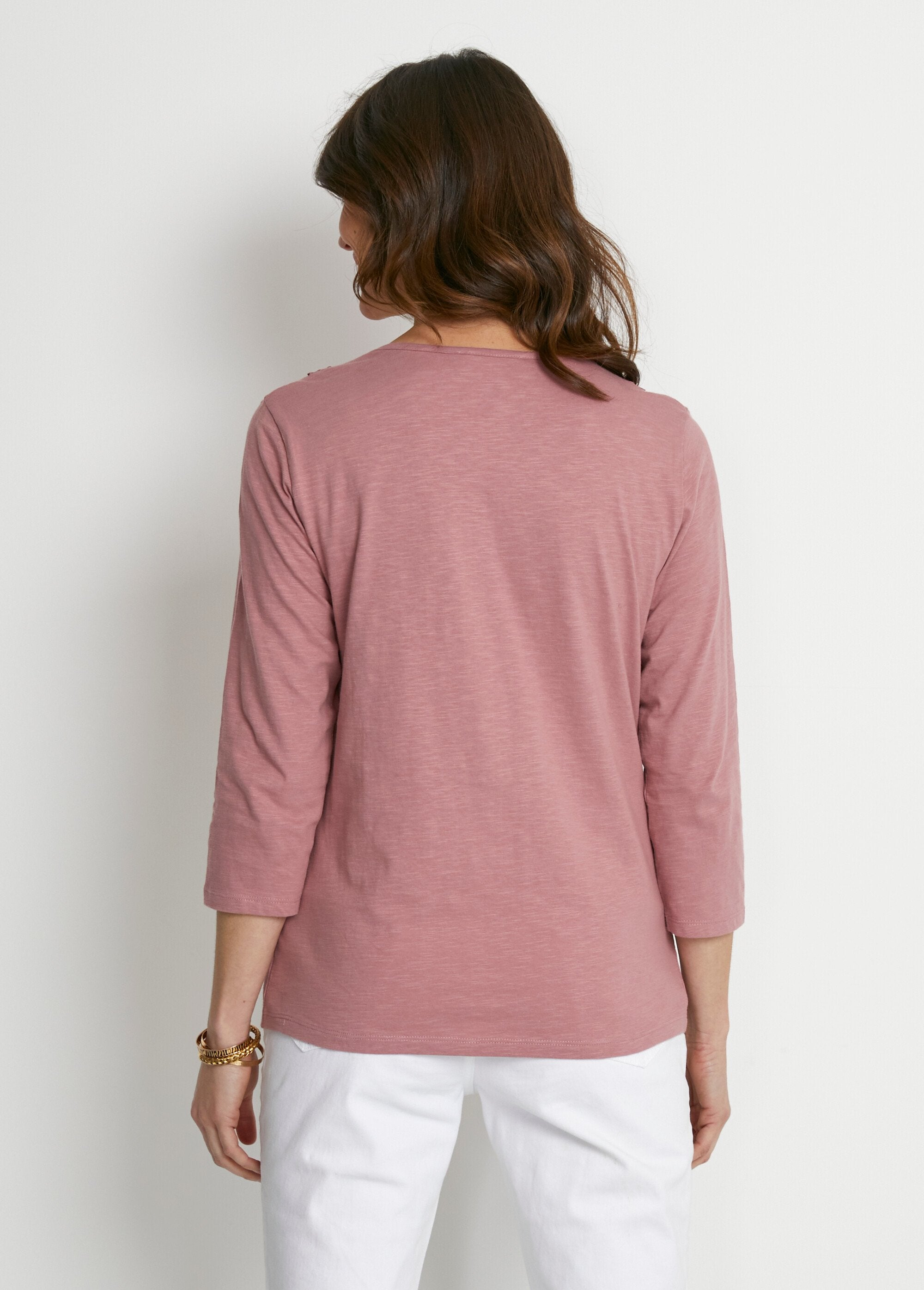 T-shirt_manches_3/4_coton_et_macramé_Rose_DO1_slim