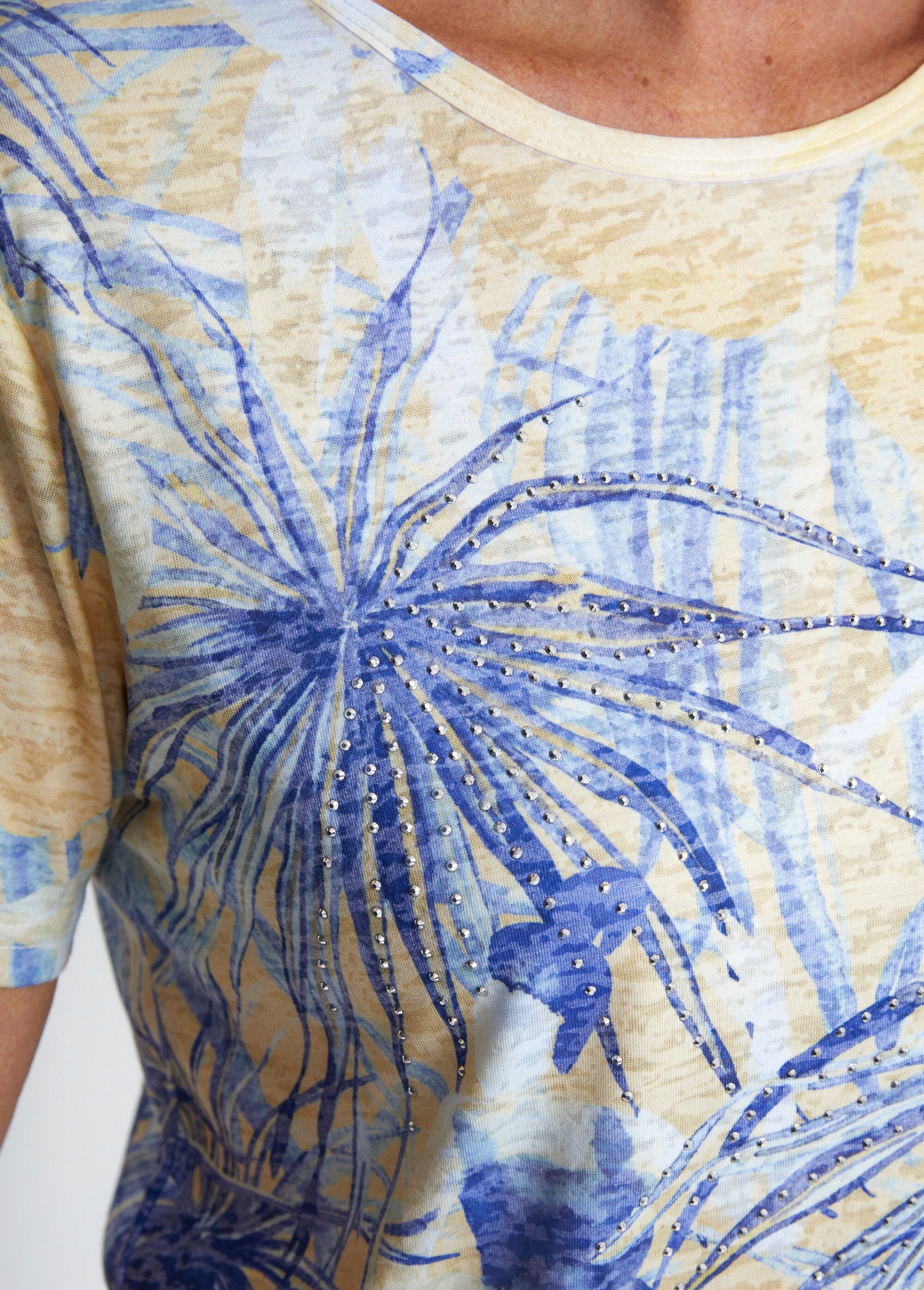 T-shirt_court_motif_et_strass_col_rond_Jaune_et_bleu_DE2_slim