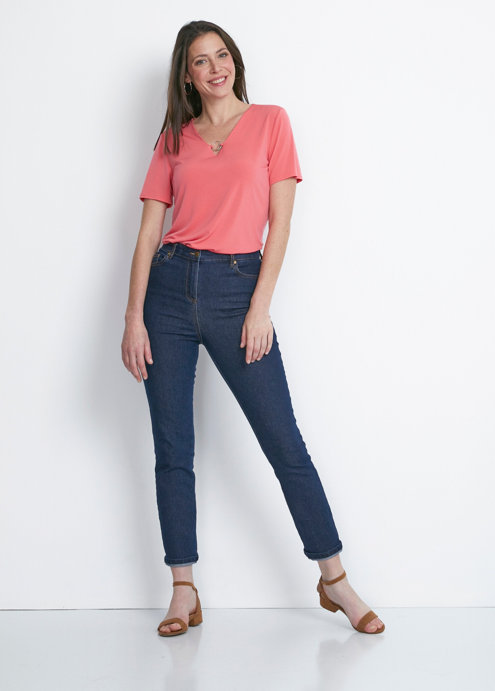 Effen_of_bedrukt_T-shirt_met_korte_mouwen_Uni_corail_SF1_slim