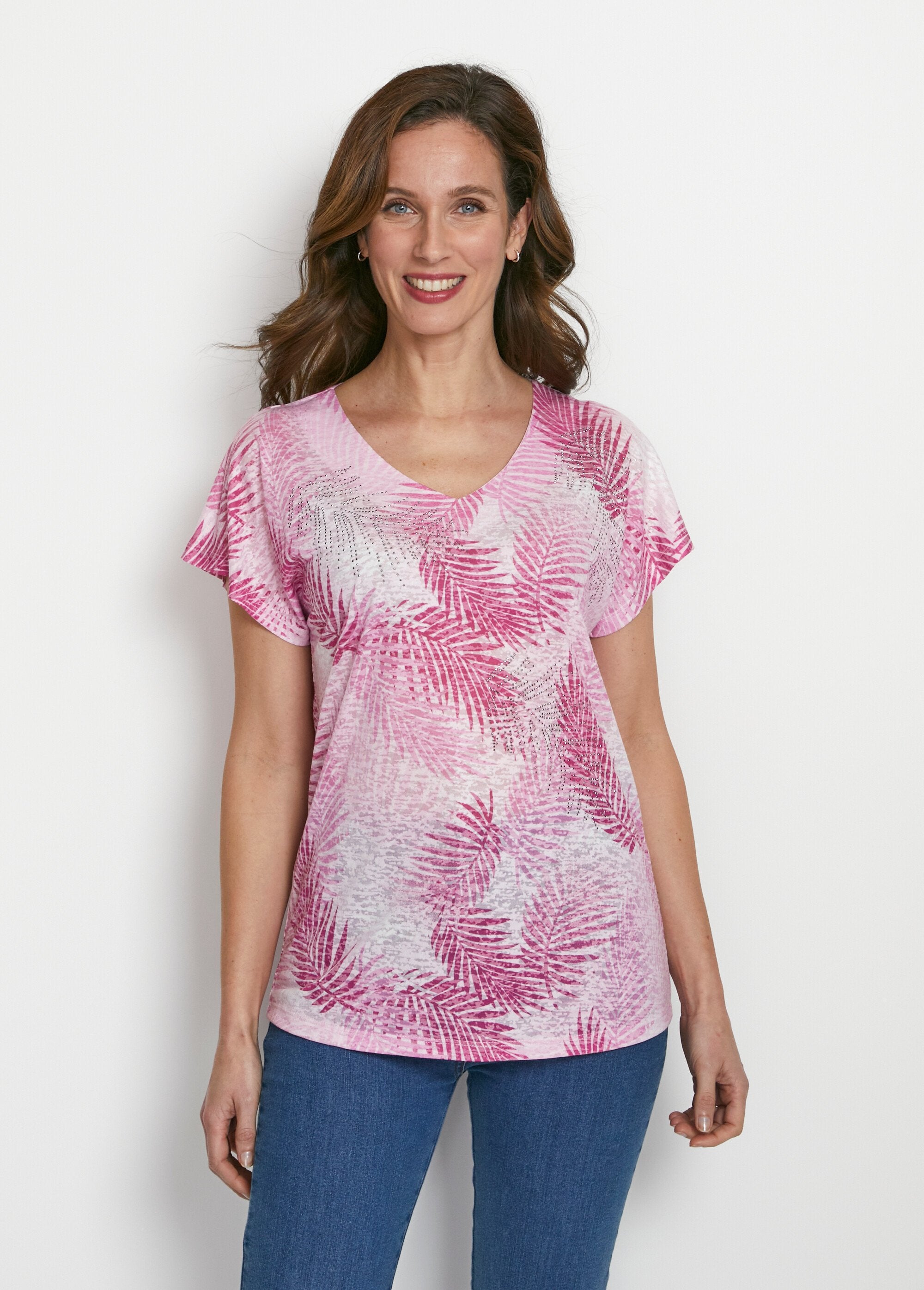 T-shirt_imprimé_court_maille_dévorée_Rose_FA1_slim