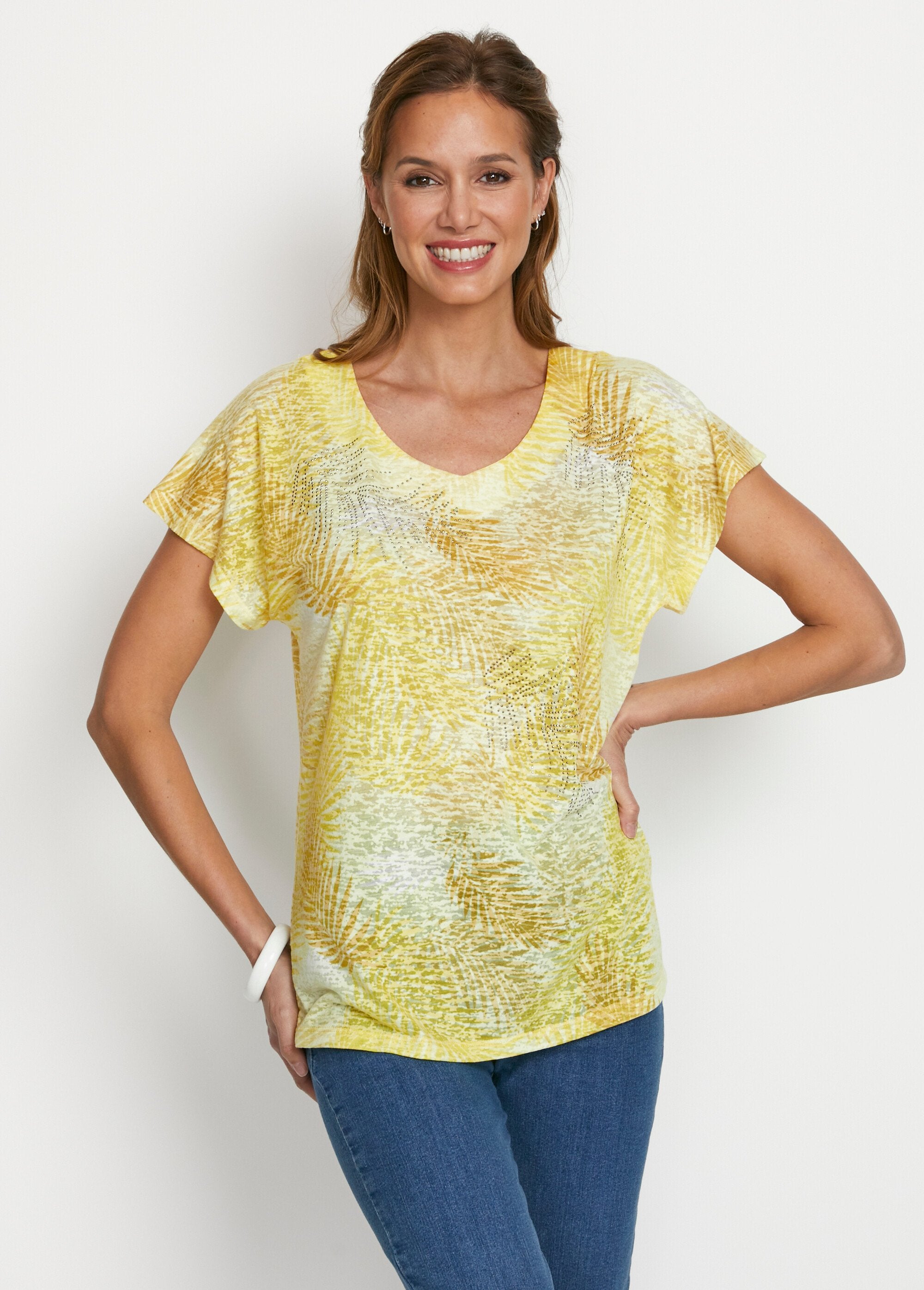 T-shirt_imprimé_court_maille_dévorée_Jaune_FA1_slim