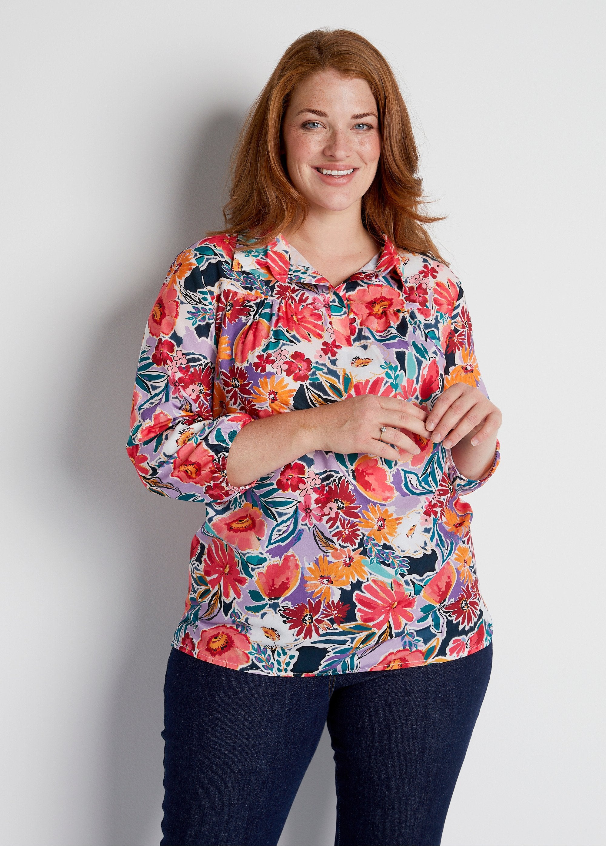 Losse_tuniek_met_bloemenprint,_halflang_Oranje_afdruk_FA1_curvy