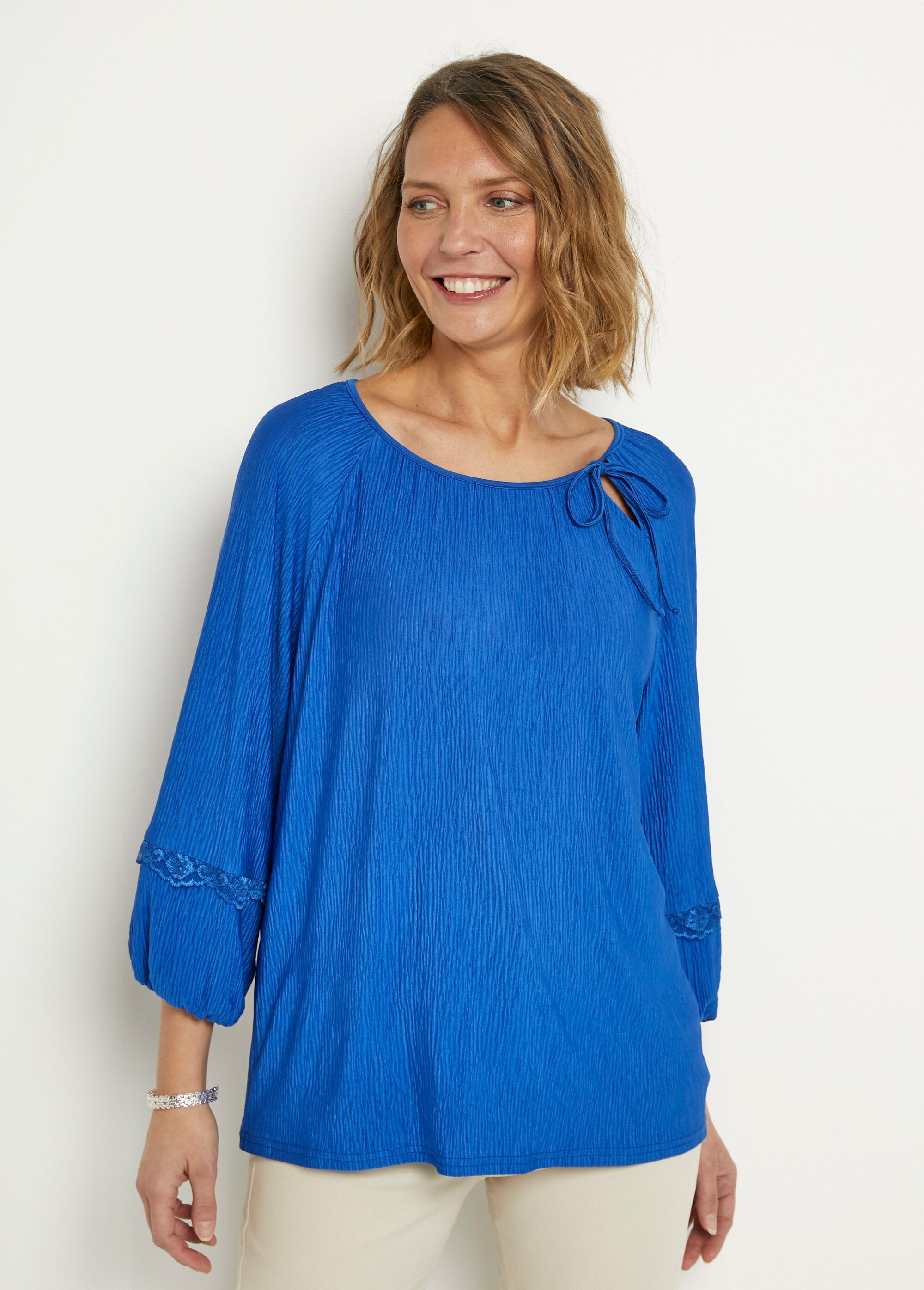 Tunique Femme Afibel Taille 50/52 - Couleur Crème Et Bleu Marine, Manches Courtes, Viscose, Floral