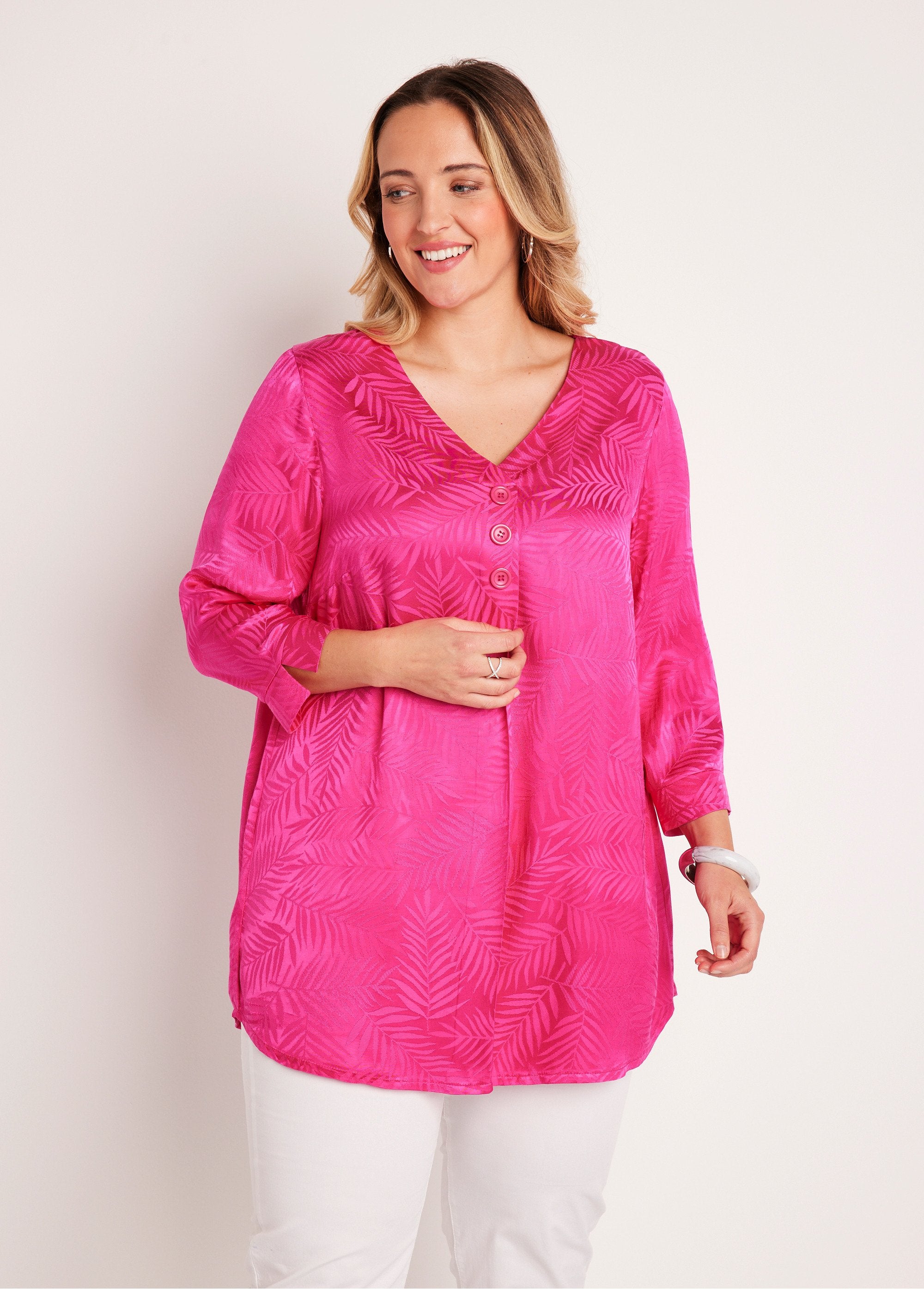 Tunique_longue_col_V_manches_3/4_Fuchsia_FA1_curvy