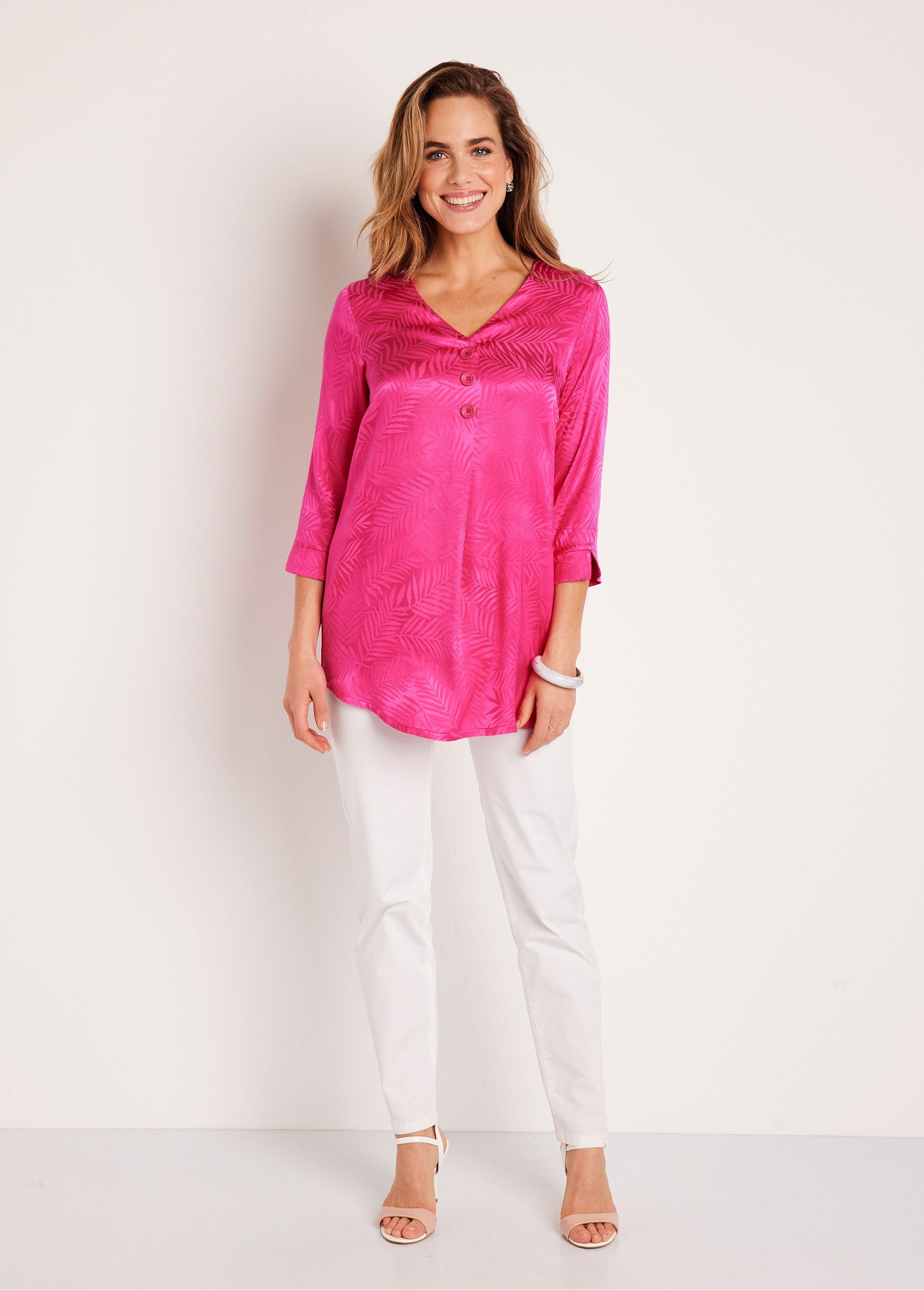 Tunique_longue_col_V_manches_3/4_Fuchsia_SF1_slim