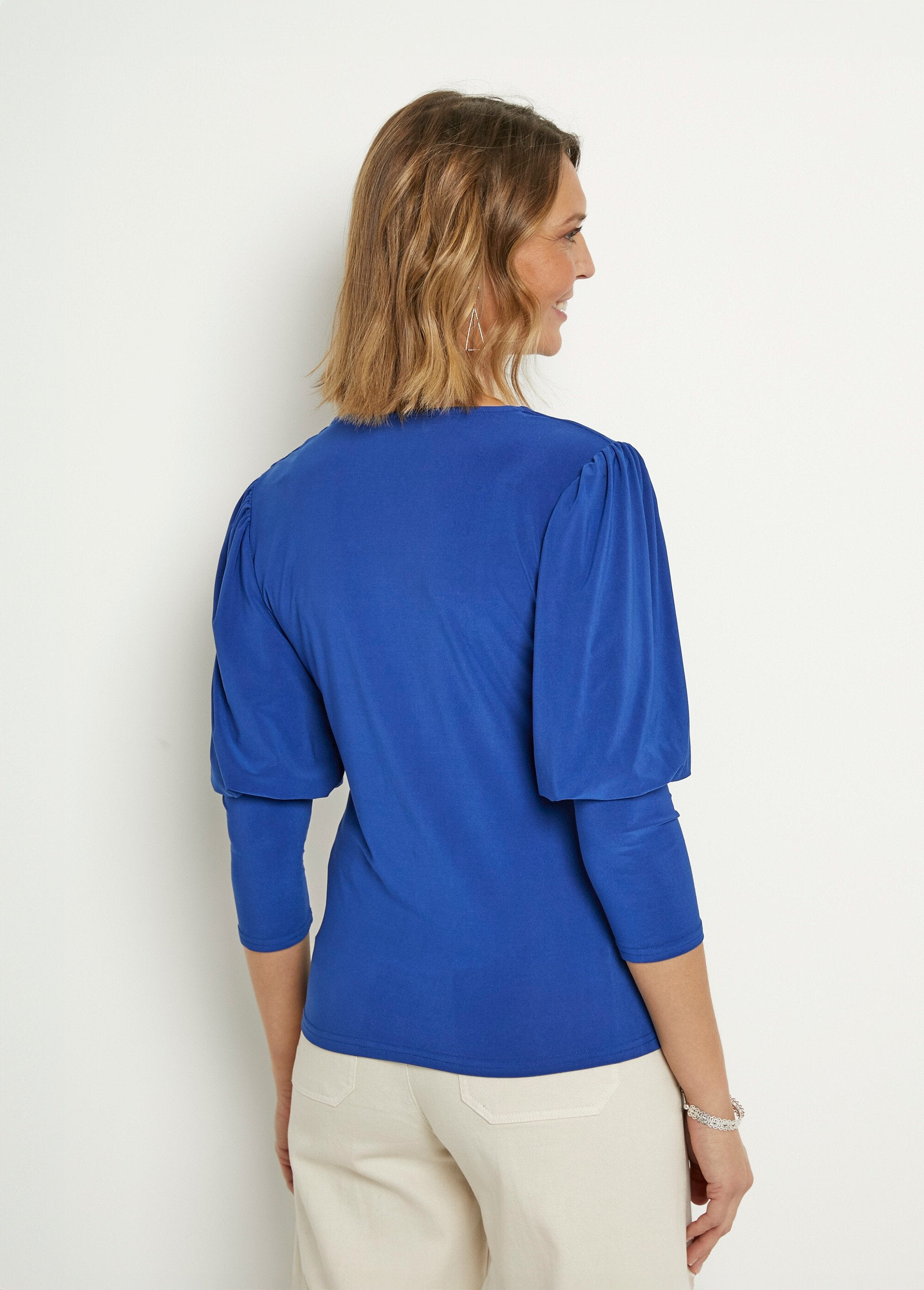 Stretch_tuniek_met_vierkante_halslijn,_3/4_mouwen_Bleu_electrique_DO1_slim