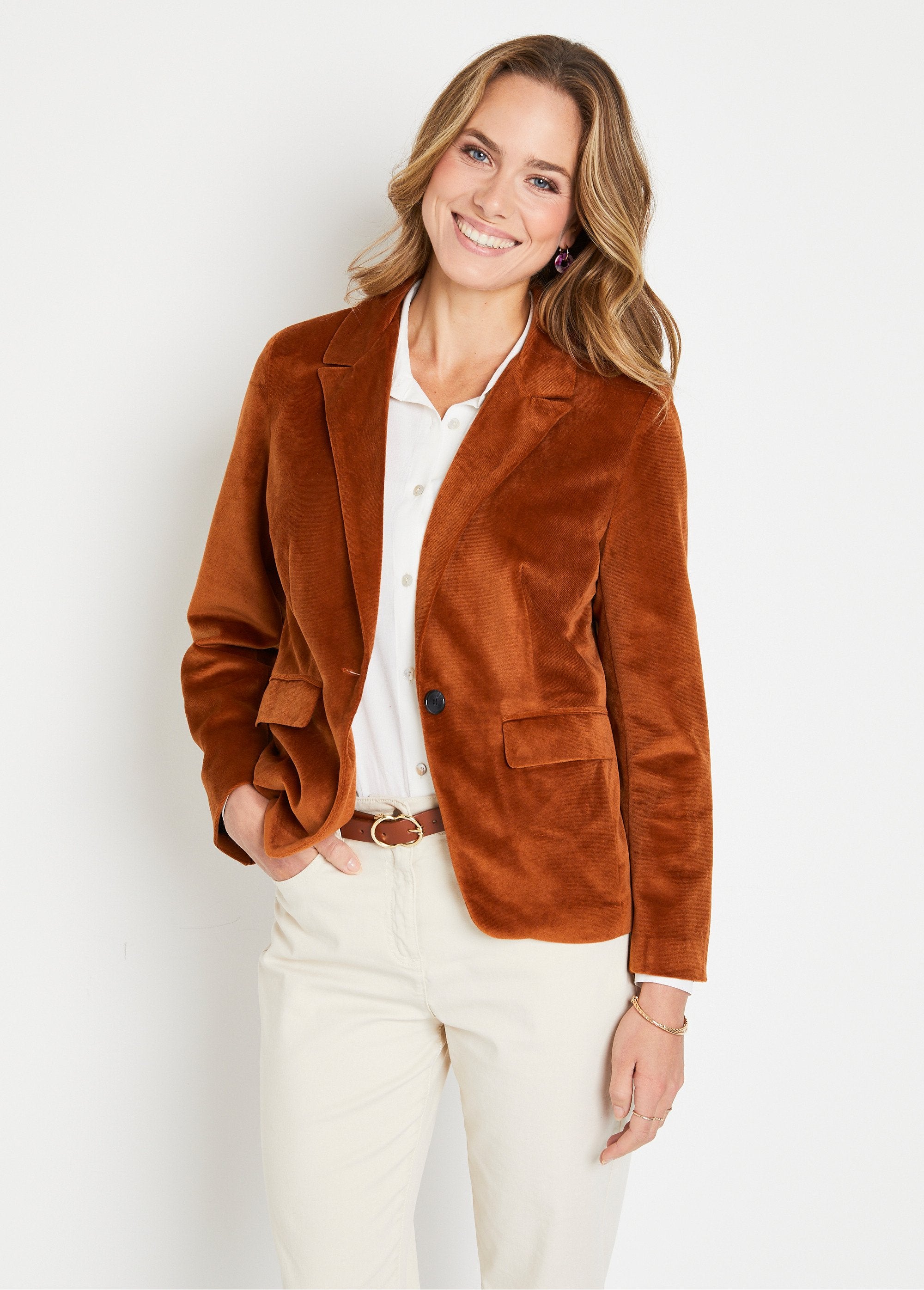 Veste_blazer_droite_velours_uni_col_tailleur_Camel_FA1_slim