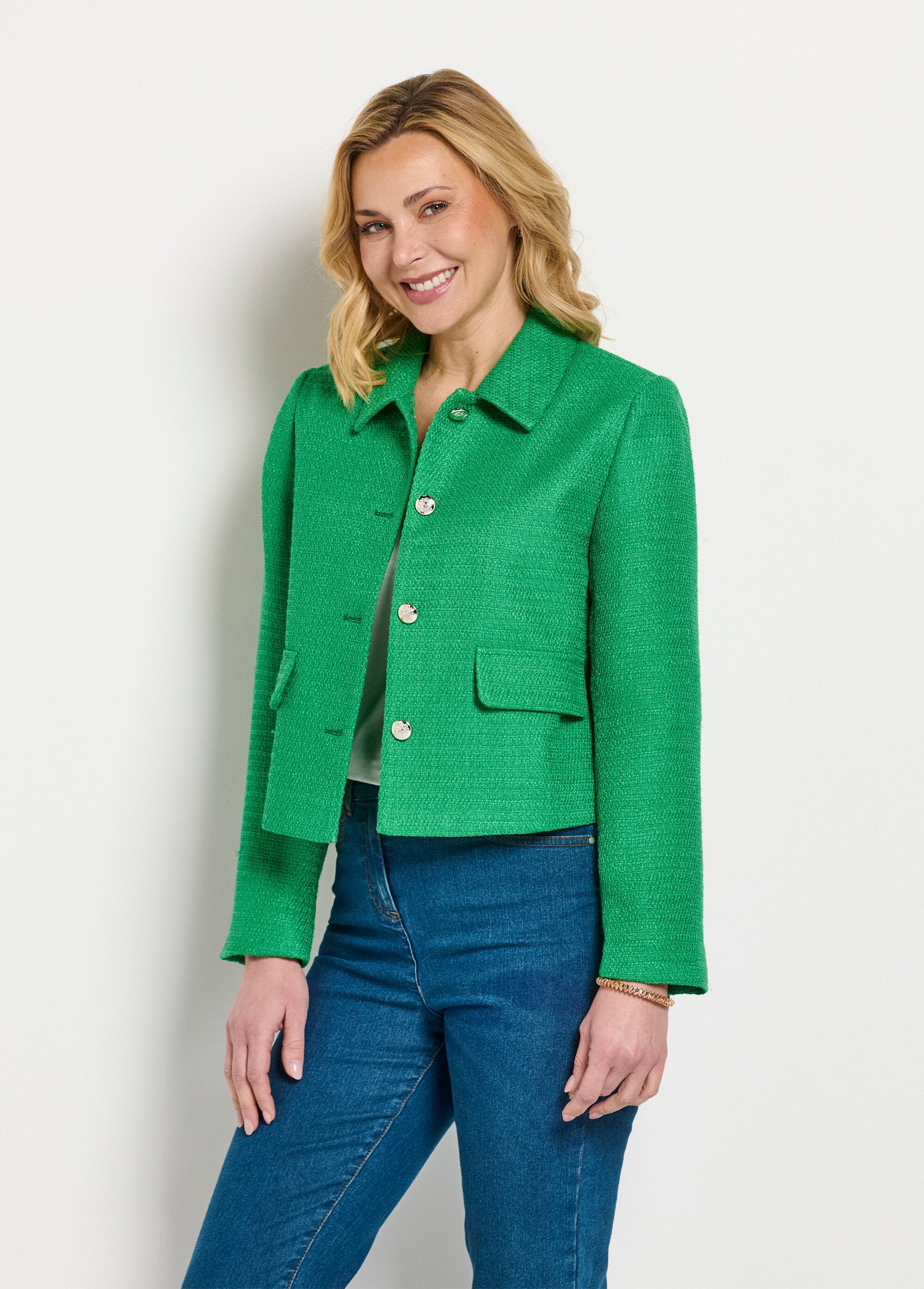 Veste_courte_droite_boutonnée_tissu_natté_uni_Vert_FA1_slim