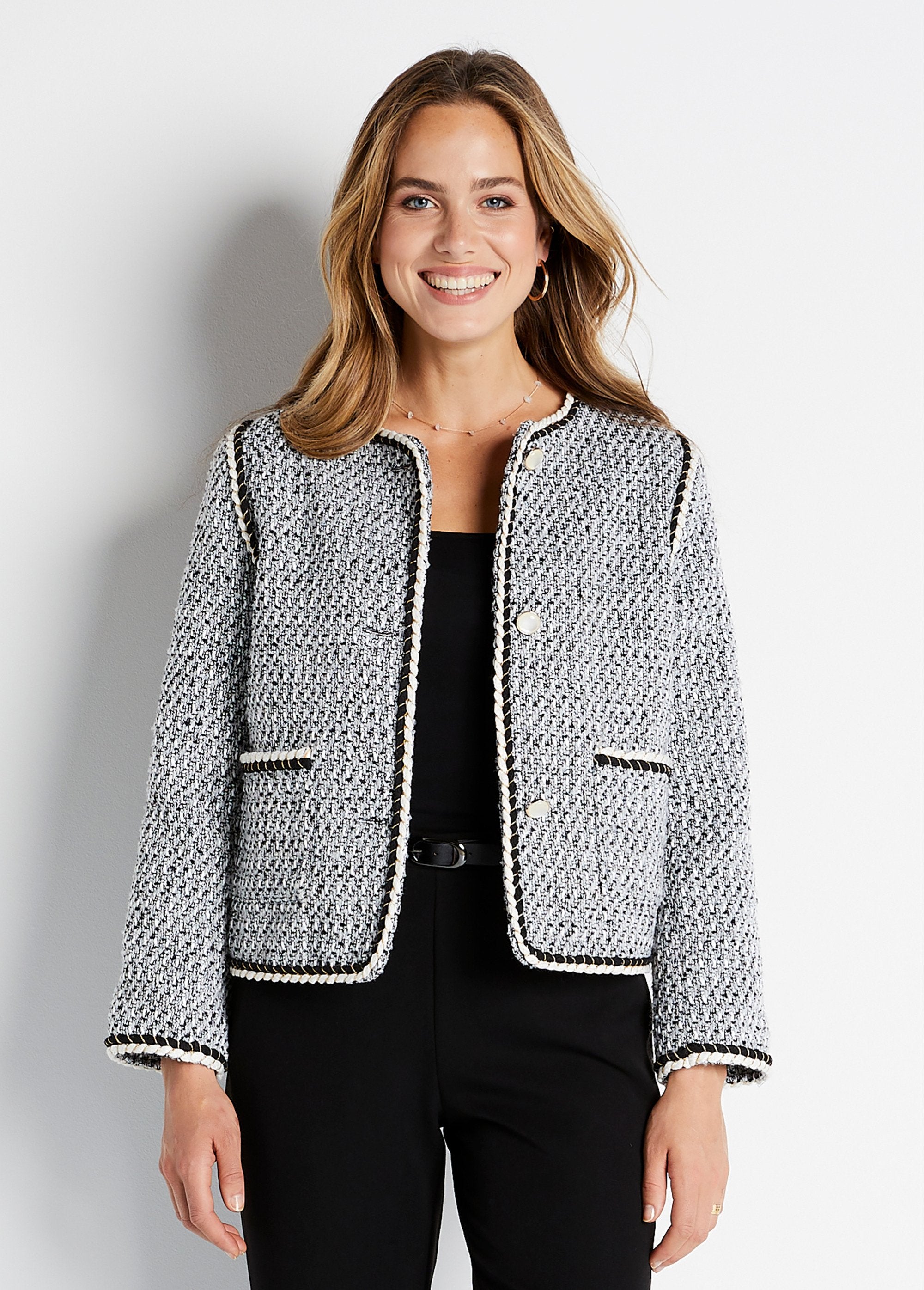 Veste_courte_sans_col_tissu_effet_tweed_Noir_et_blanc_FA1_slim