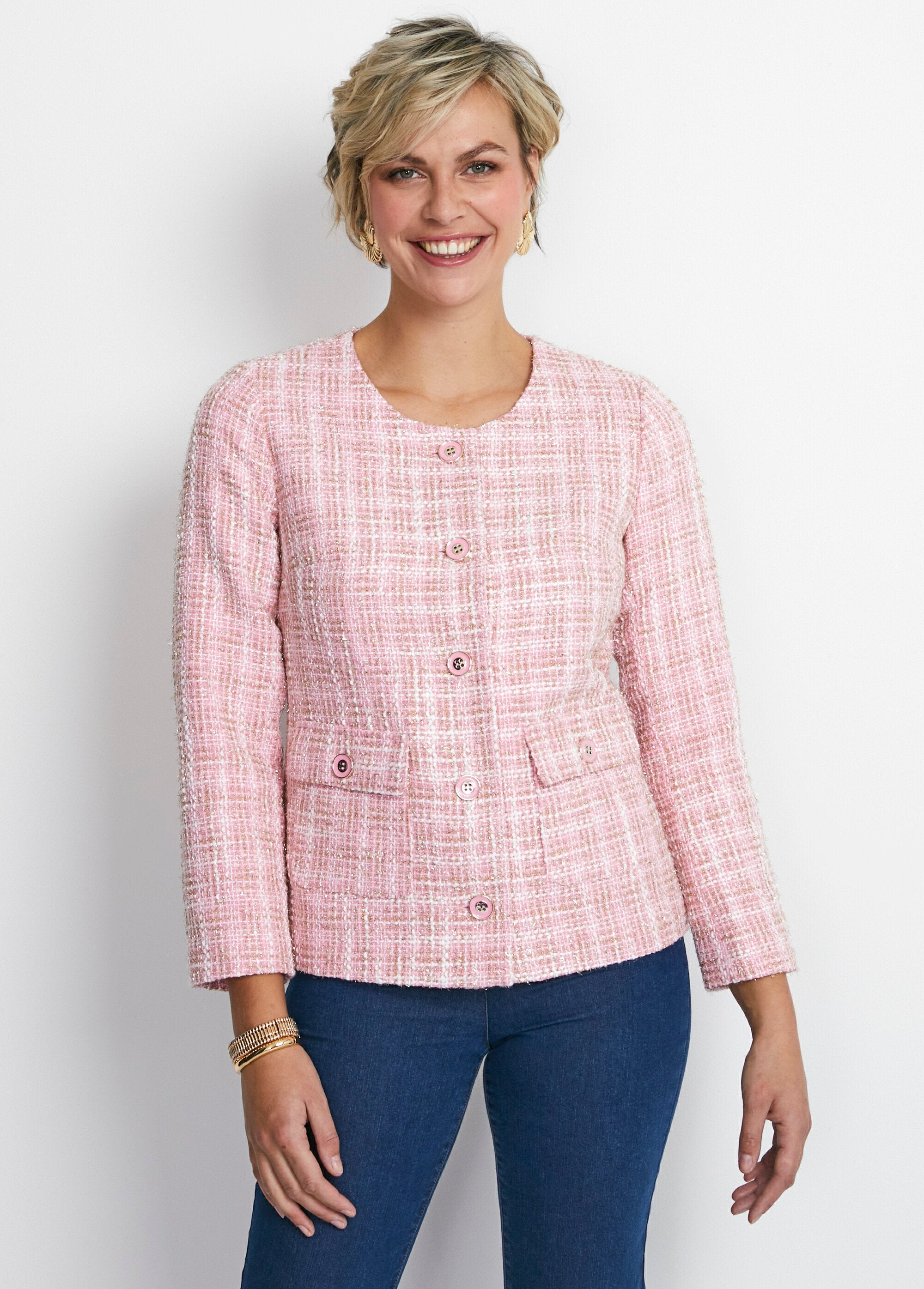 Kort_jasje_zonder_kraag_in_tweed-effect_stof_Rose_et_dore_FA1_slim