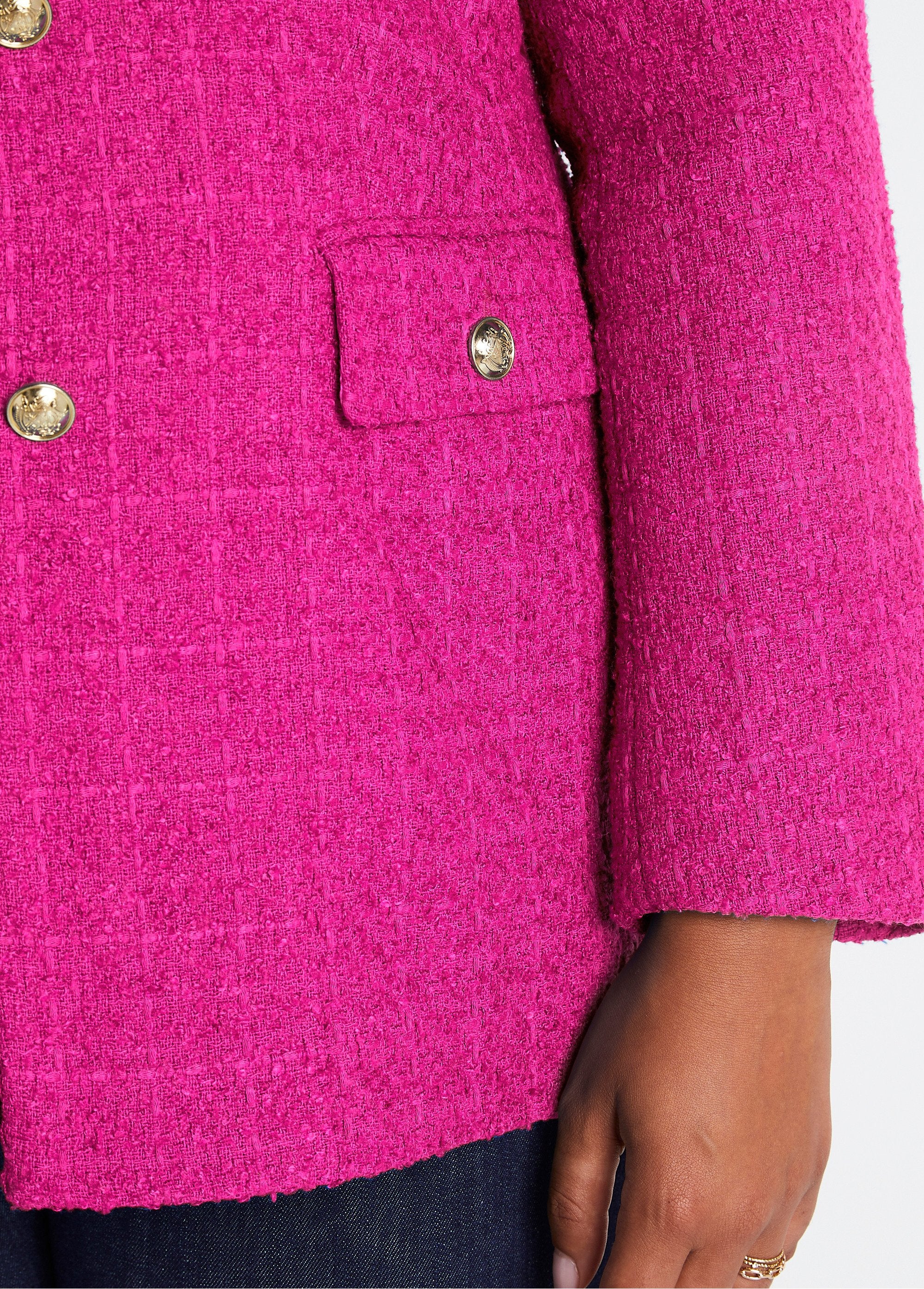 Veste_droite_boutonnée_tissu_natté_col_tailleur_Fuchsia_DE2_slim