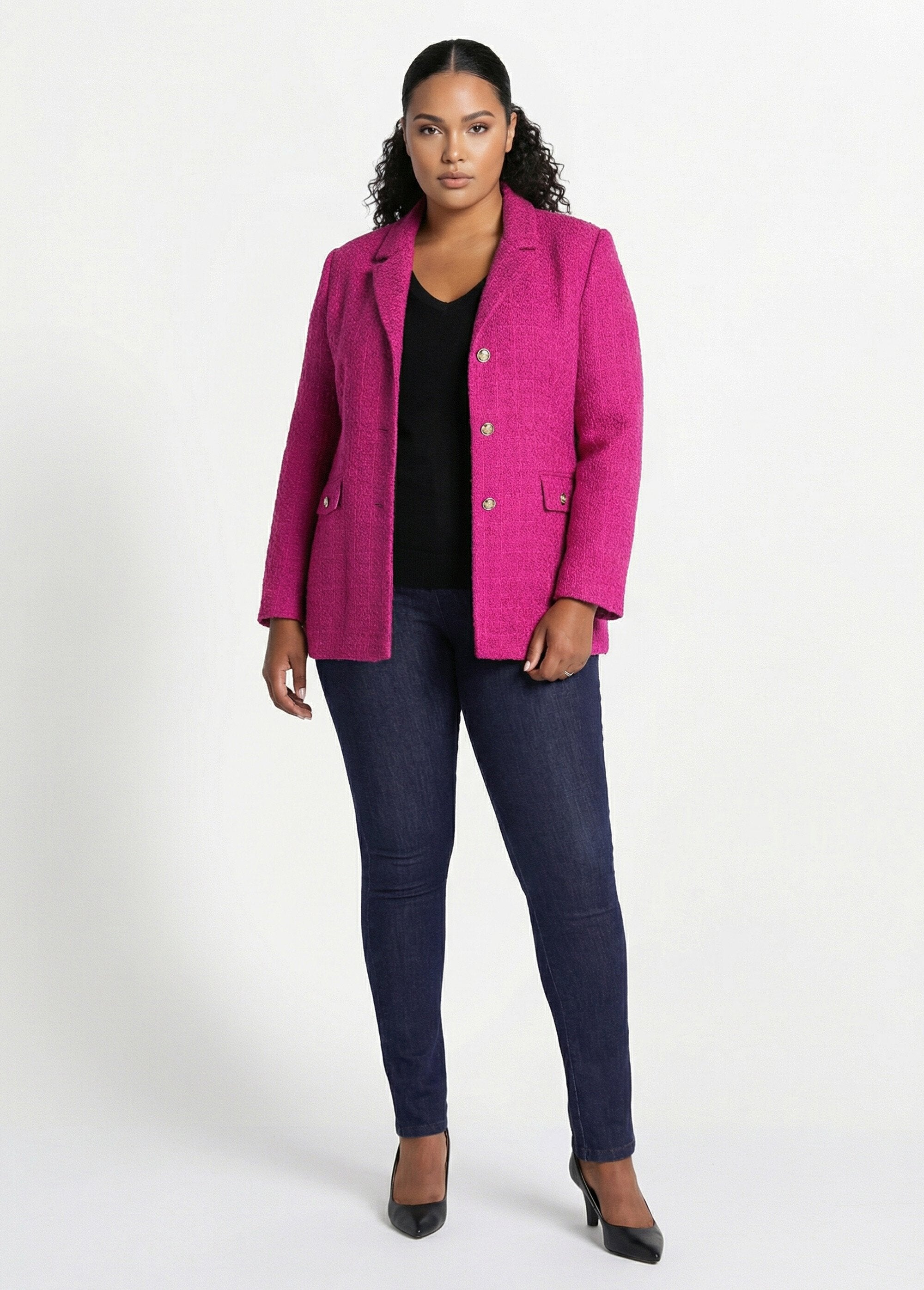 Veste_droite_boutonnée_tissu_natté_col_tailleur_Fuchsia_SF1_curvy
