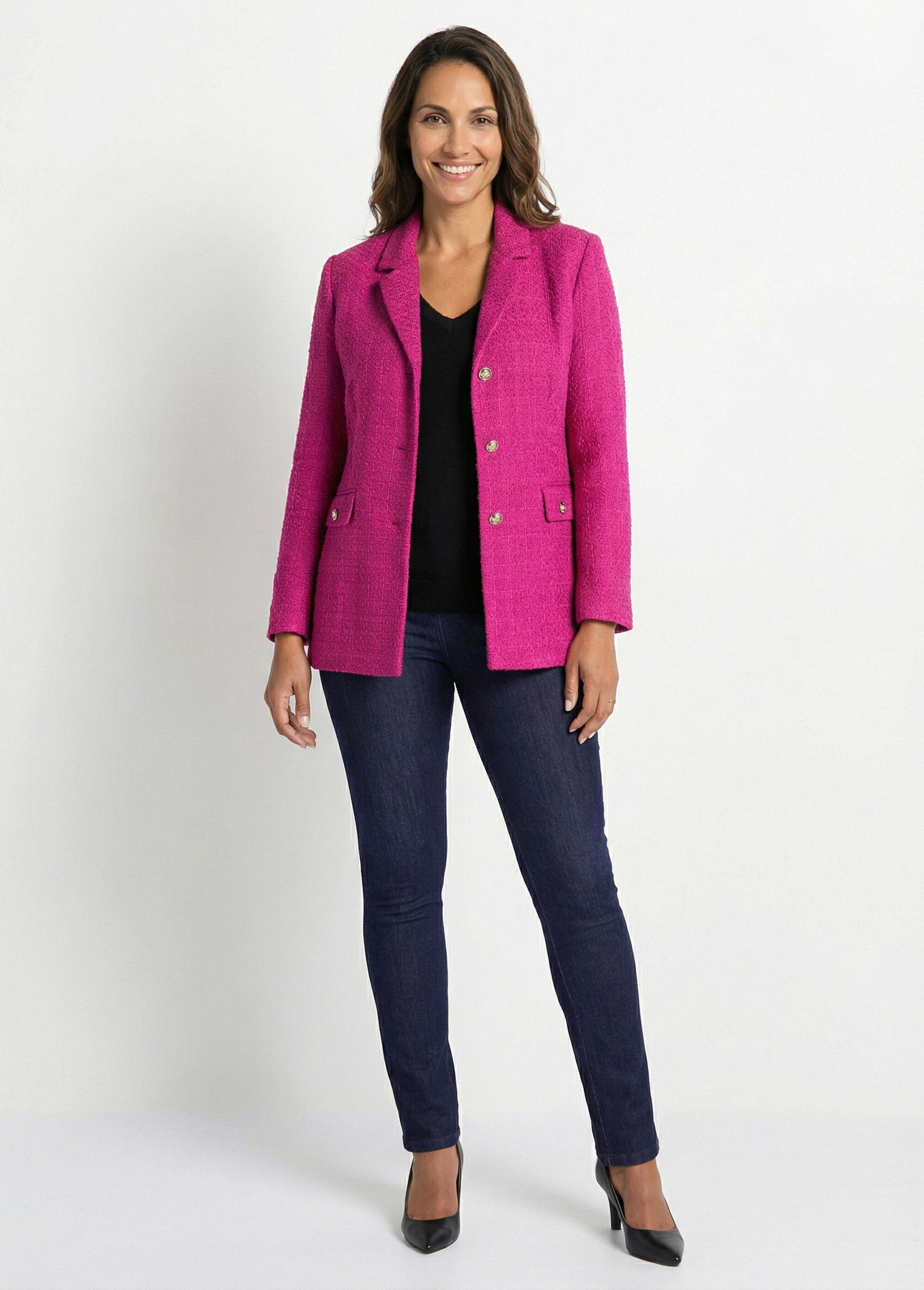 Veste_droite_boutonnée_tissu_natté_col_tailleur_Fuchsia_SF1_slim