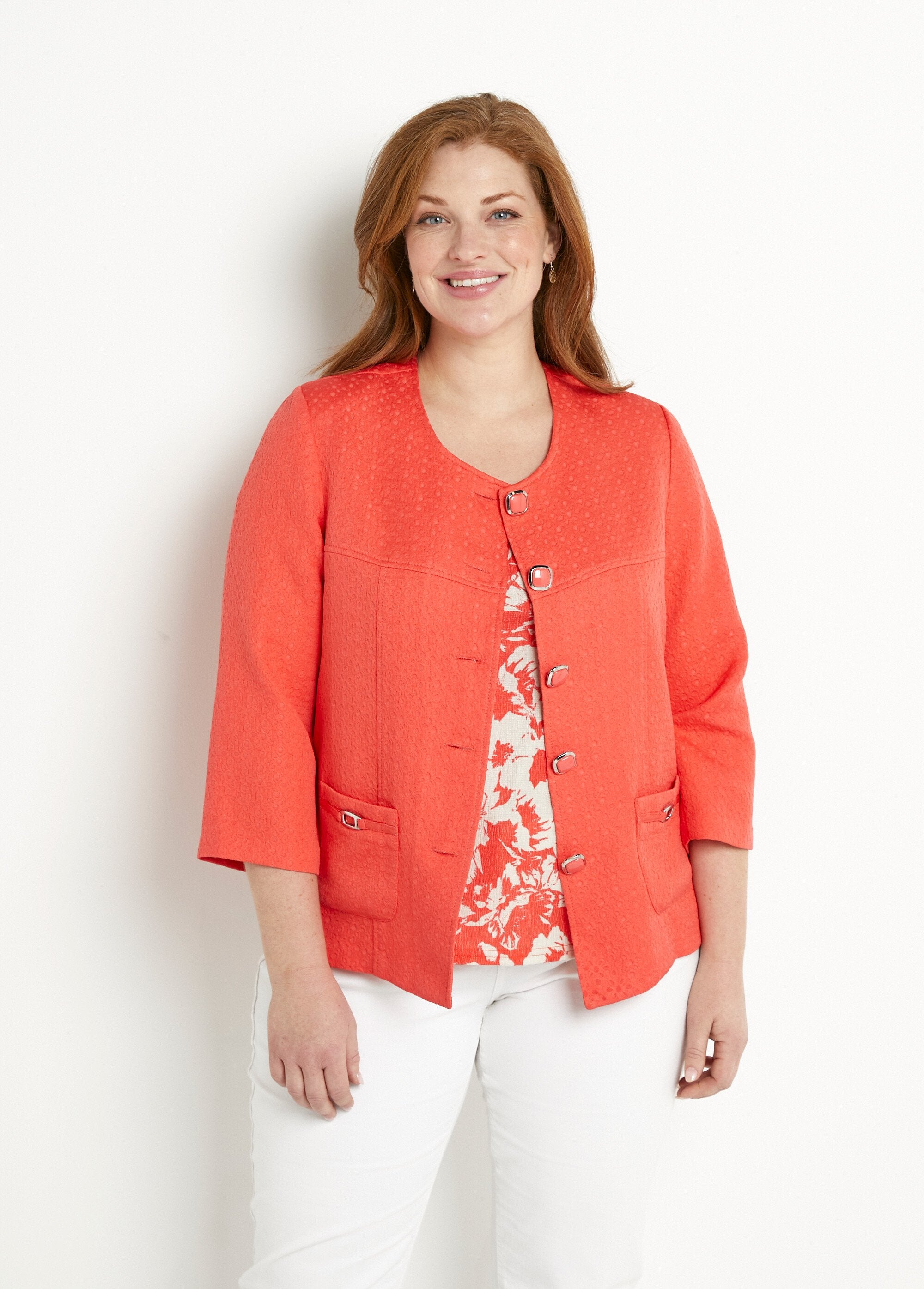 Veste_ras_de_cou_manches_3/4_Corail_FA1_curvy