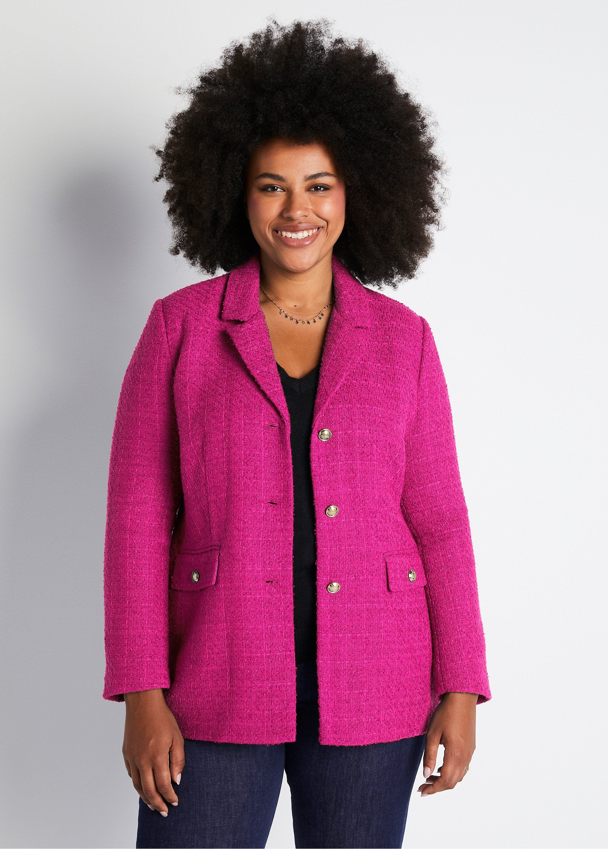 Veste_droite_boutonnée_tissu_natté_col_tailleur_Fuchsia_FA1_curvy