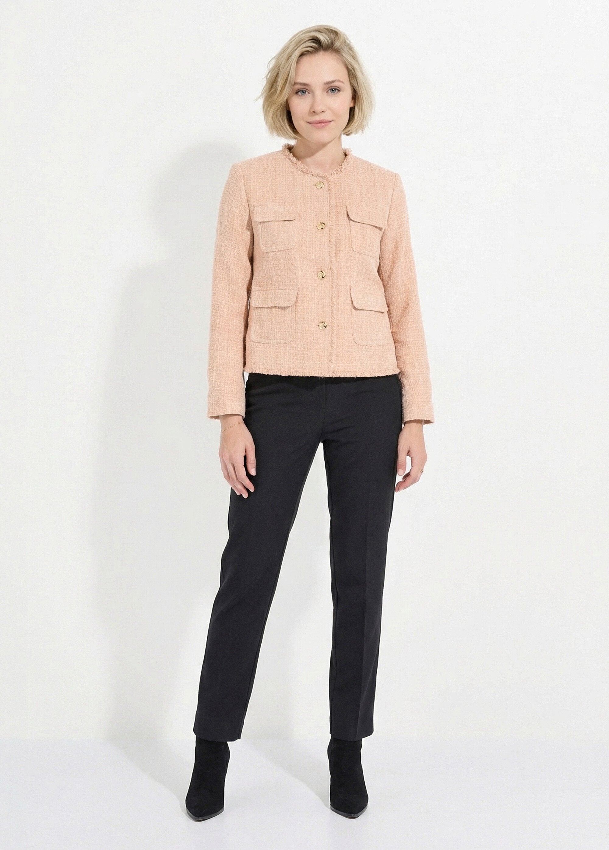 Veste_tweed_boutonnée_frangée_sans_col_Amande_SF1_slim