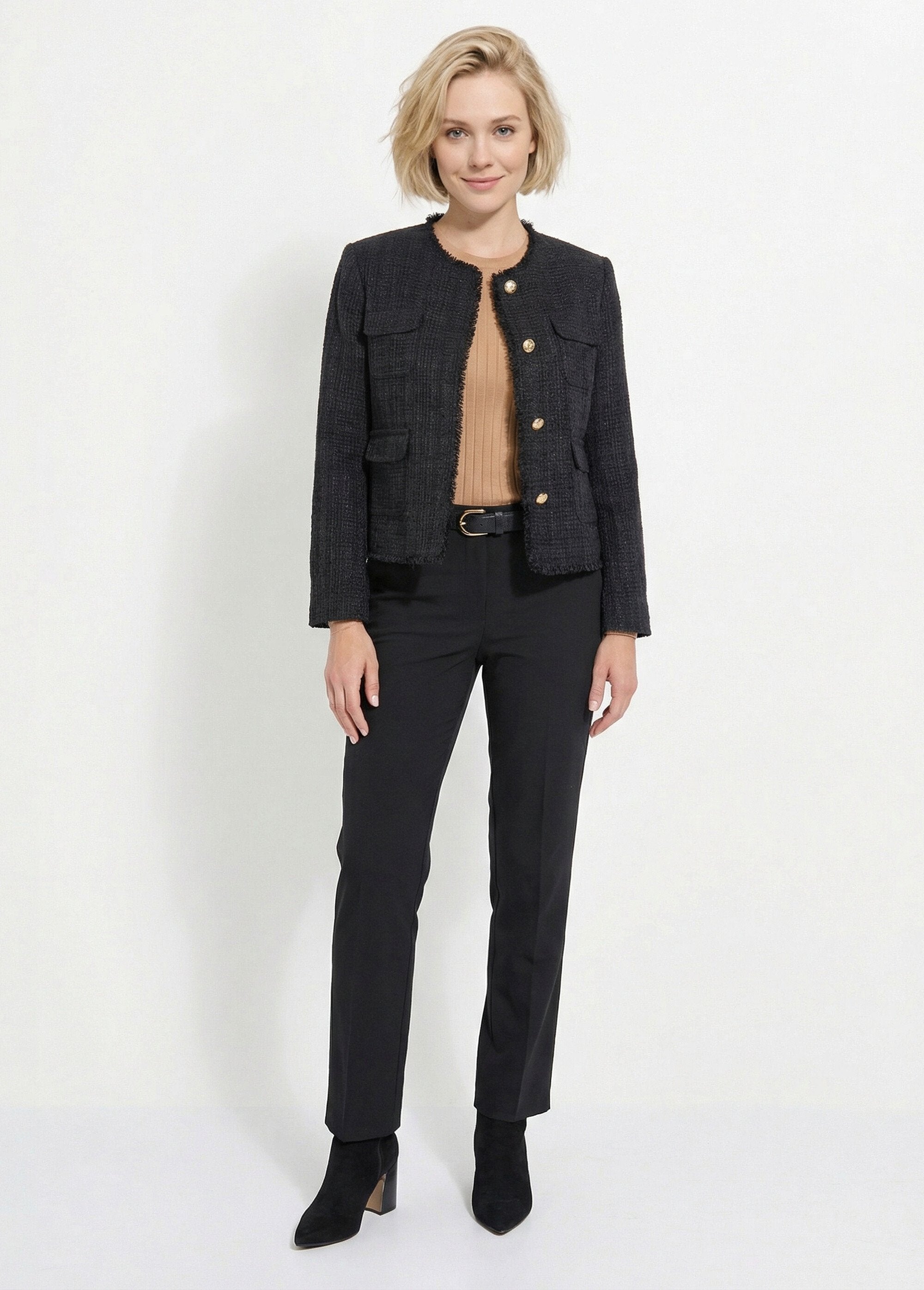 Veste_tweed_boutonnée_frangée_sans_col_Noir_SF1_slim